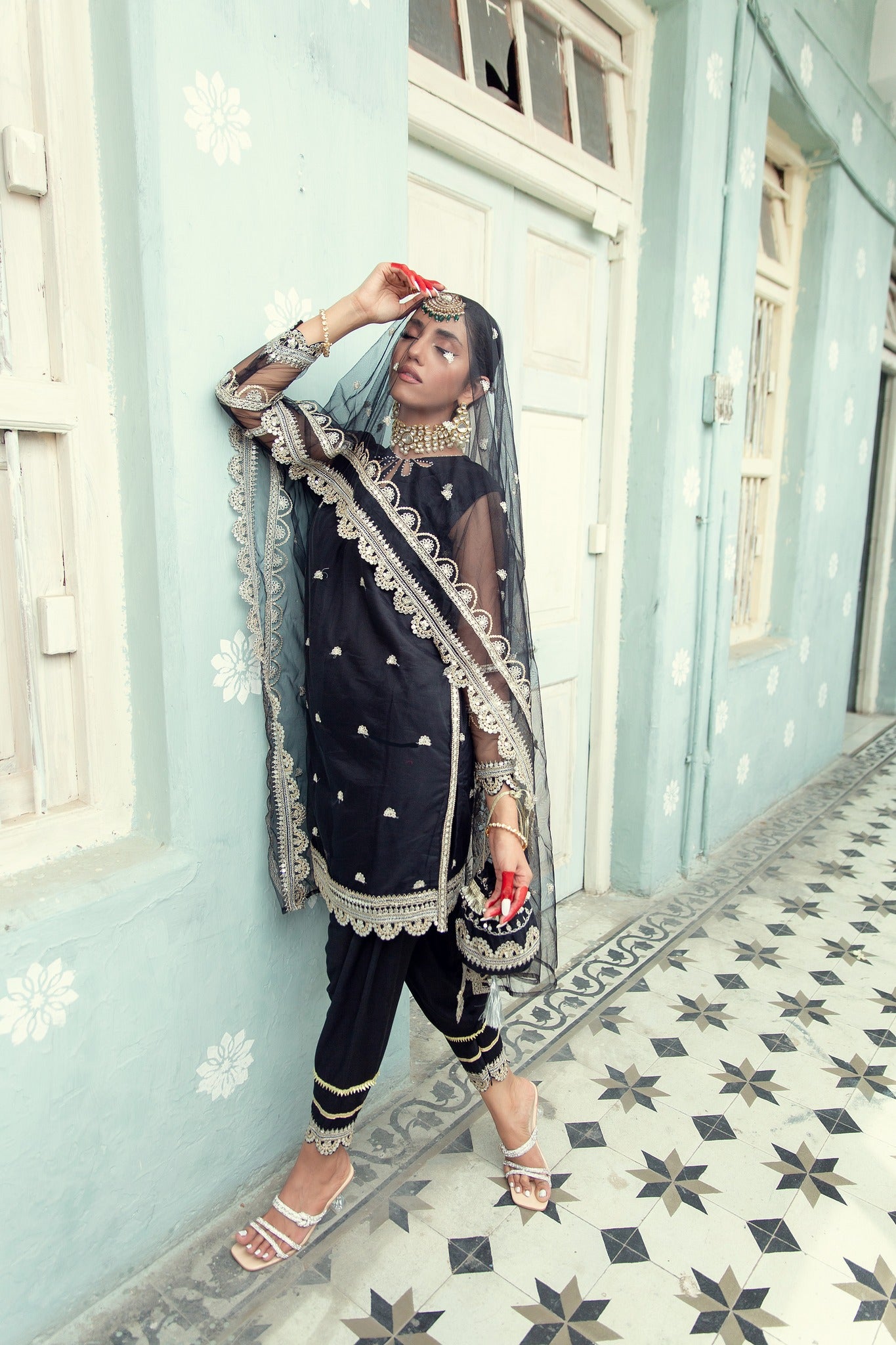 Black Embroidered Net Salwar Kameez (4-Piece) - Image 2