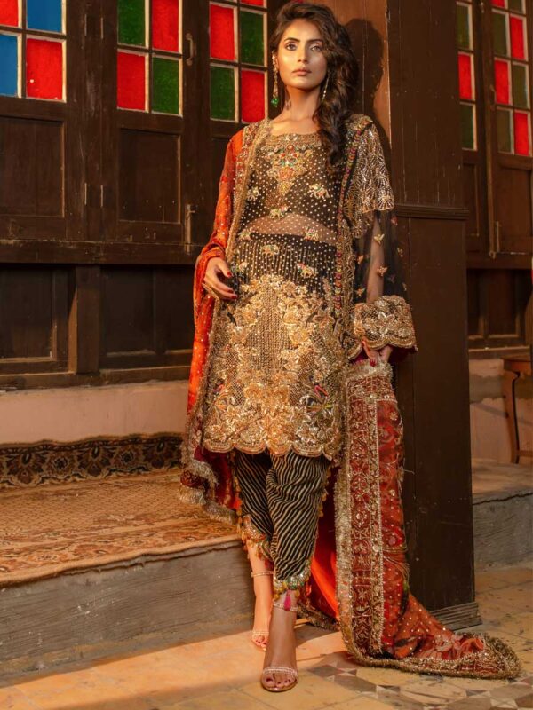 Black Gold Embroidered Bridal Salwar Kameez (3-Piece) - Image 1