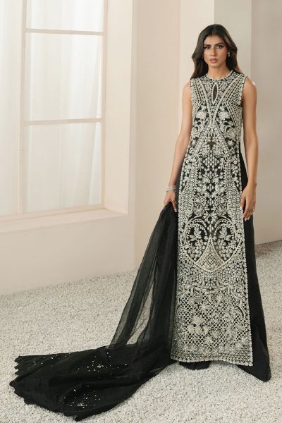 Pakistani Black Embroidered Long Shirt with Boot-Cut Pants (3-Piece) - Image 1