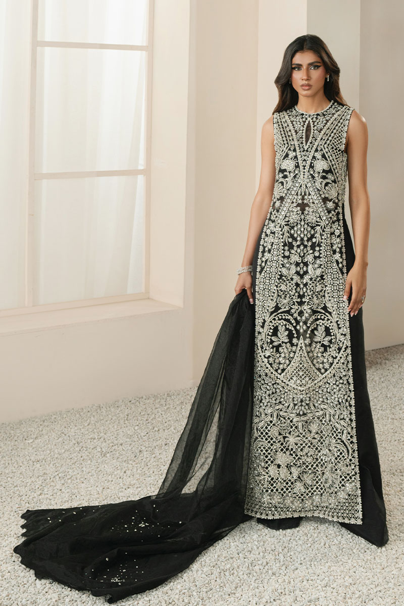 Pakistani Black Embroidered Long Shirt with Boot-Cut Pants (3-Piece) - Image 2