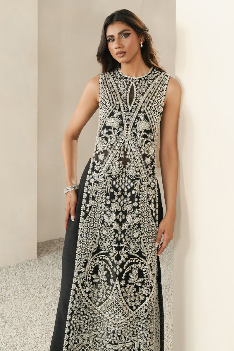 Pakistani Black Embroidered Long Shirt with Boot-Cut Pants (3-Piece) - Image 3