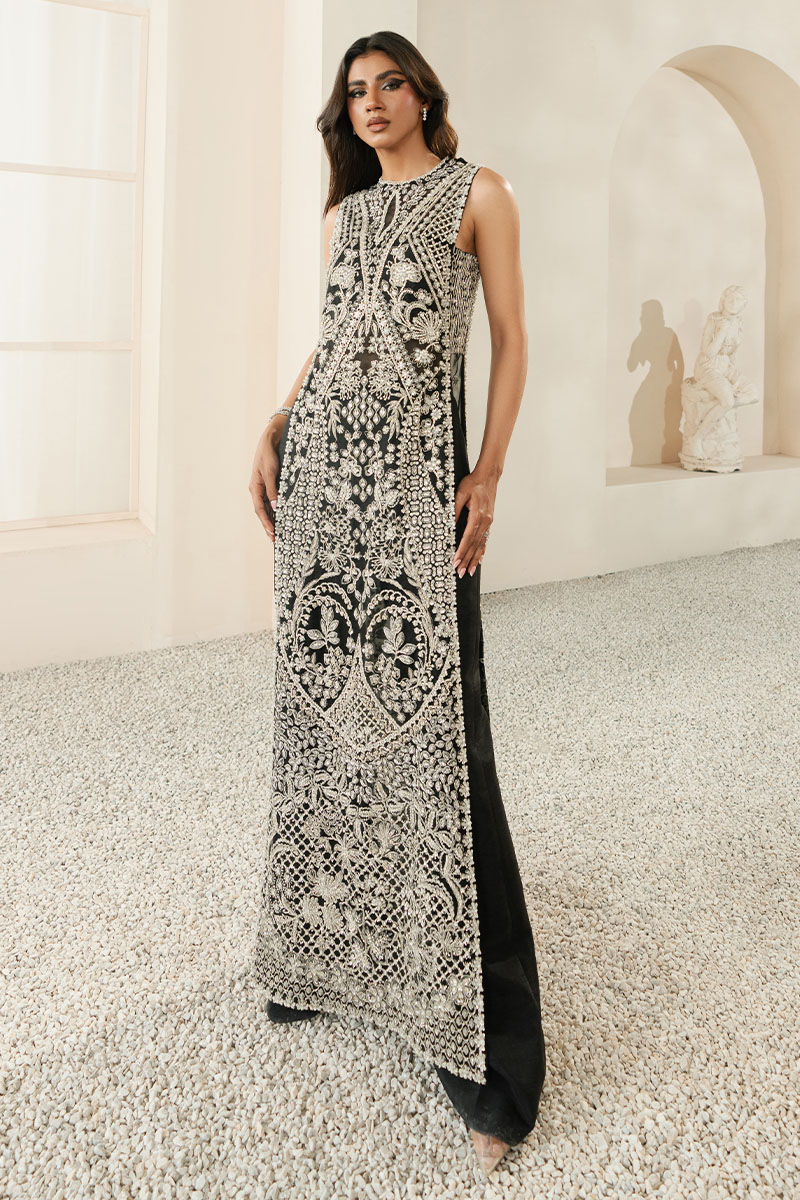 Pakistani Black Embroidered Long Shirt with Boot-Cut Pants (3-Piece) - Image 4