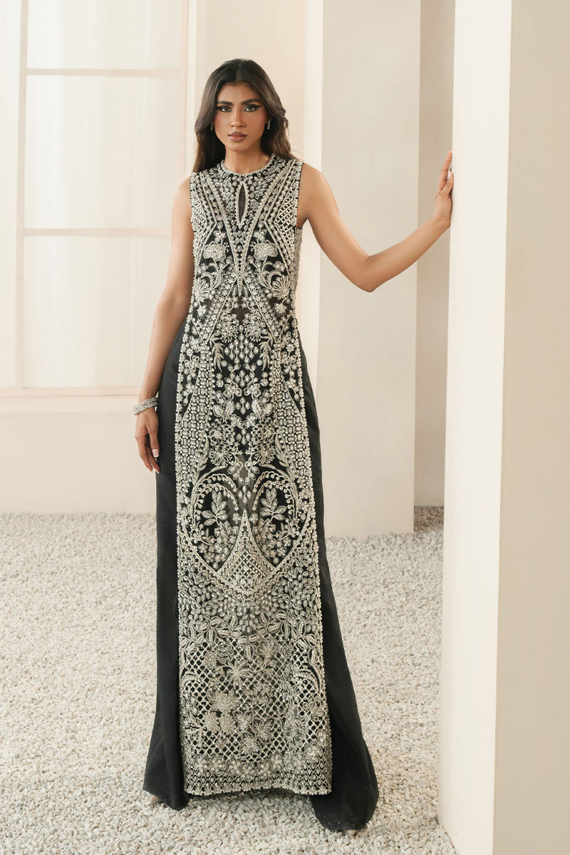 Pakistani Black Embroidered Long Shirt with Boot-Cut Pants (3-Piece) - Image 5