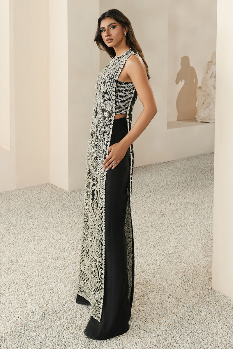 Pakistani Black Embroidered Long Shirt with Boot-Cut Pants (3-Piece) - Image 6