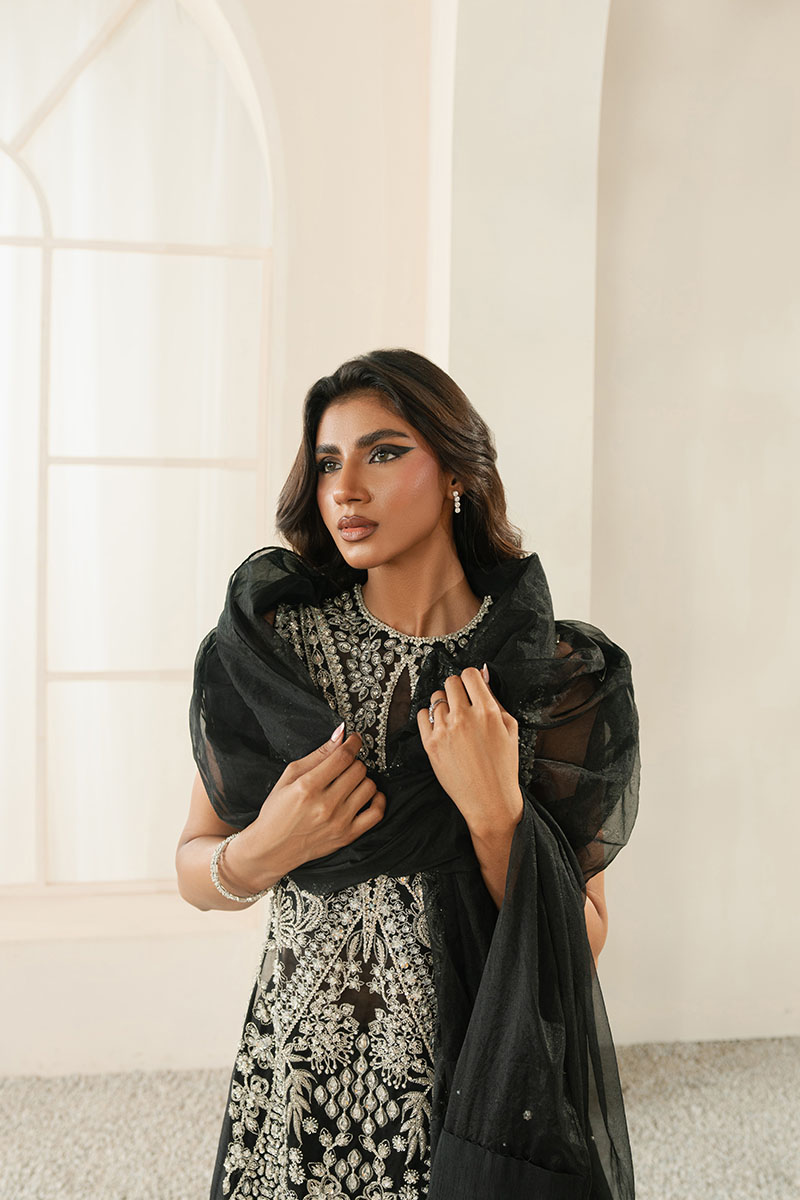 Pakistani Black Embroidered Long Shirt with Boot-Cut Pants (3-Piece) - Image 9