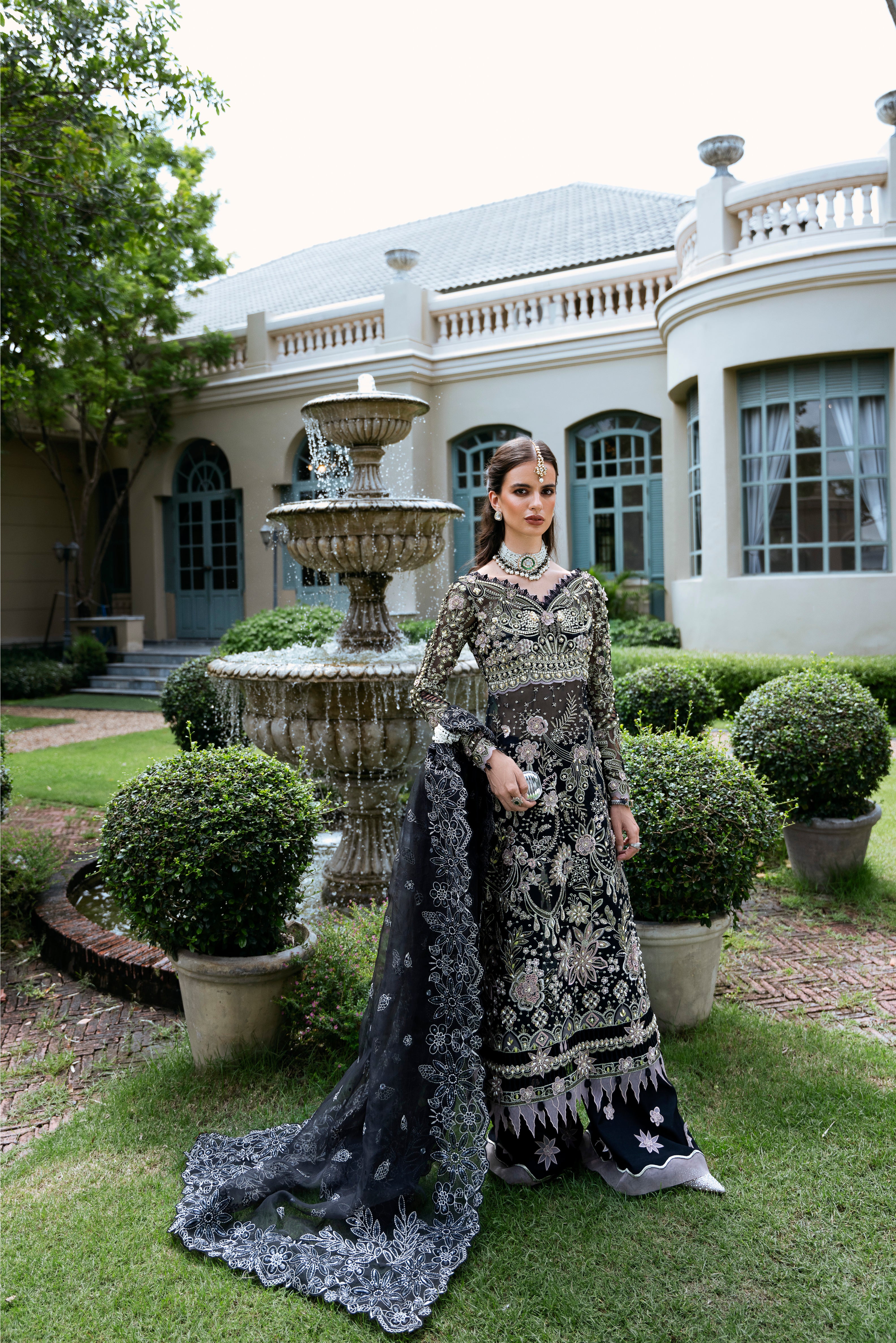 Pakistani Black Embroidered Organza Salwar Kameez (3-Piece) - Image 1