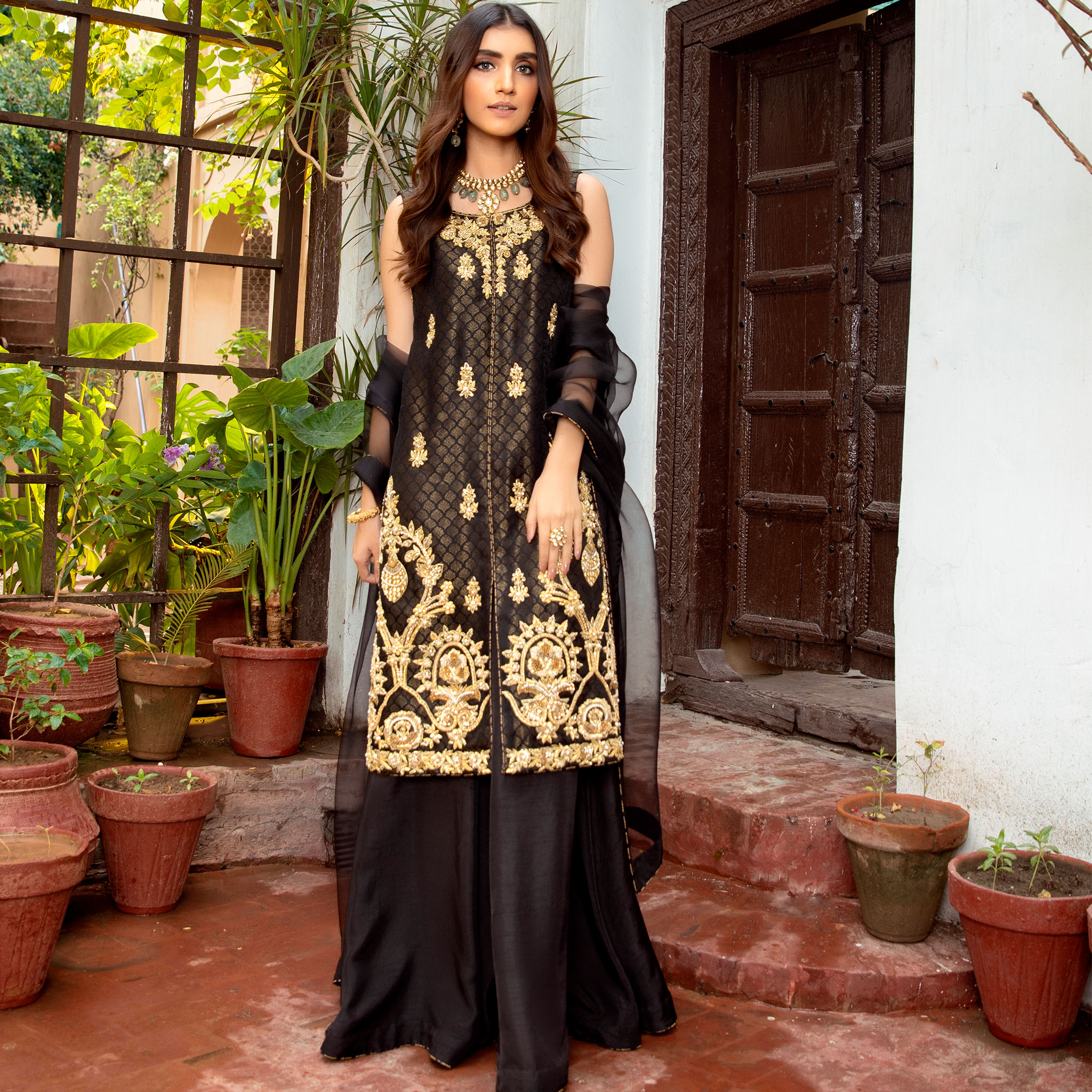 Pakistani Black Zardozi Pure Organza Kimkhaab Shirt Set (3-Piece) - Image 2