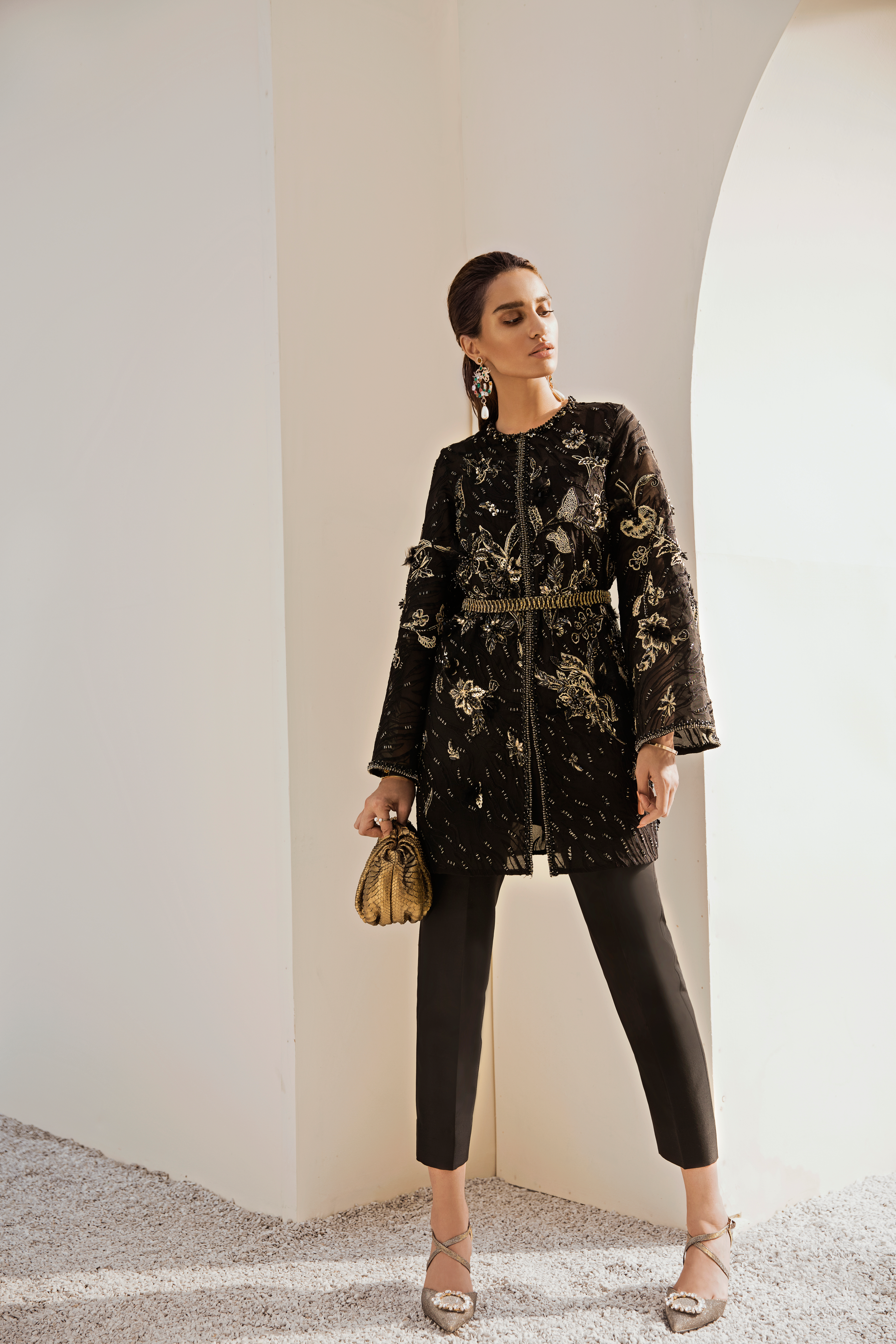 Black Hand-Embellished Organza Top with Silk Pants (2-Piece) - Image 4