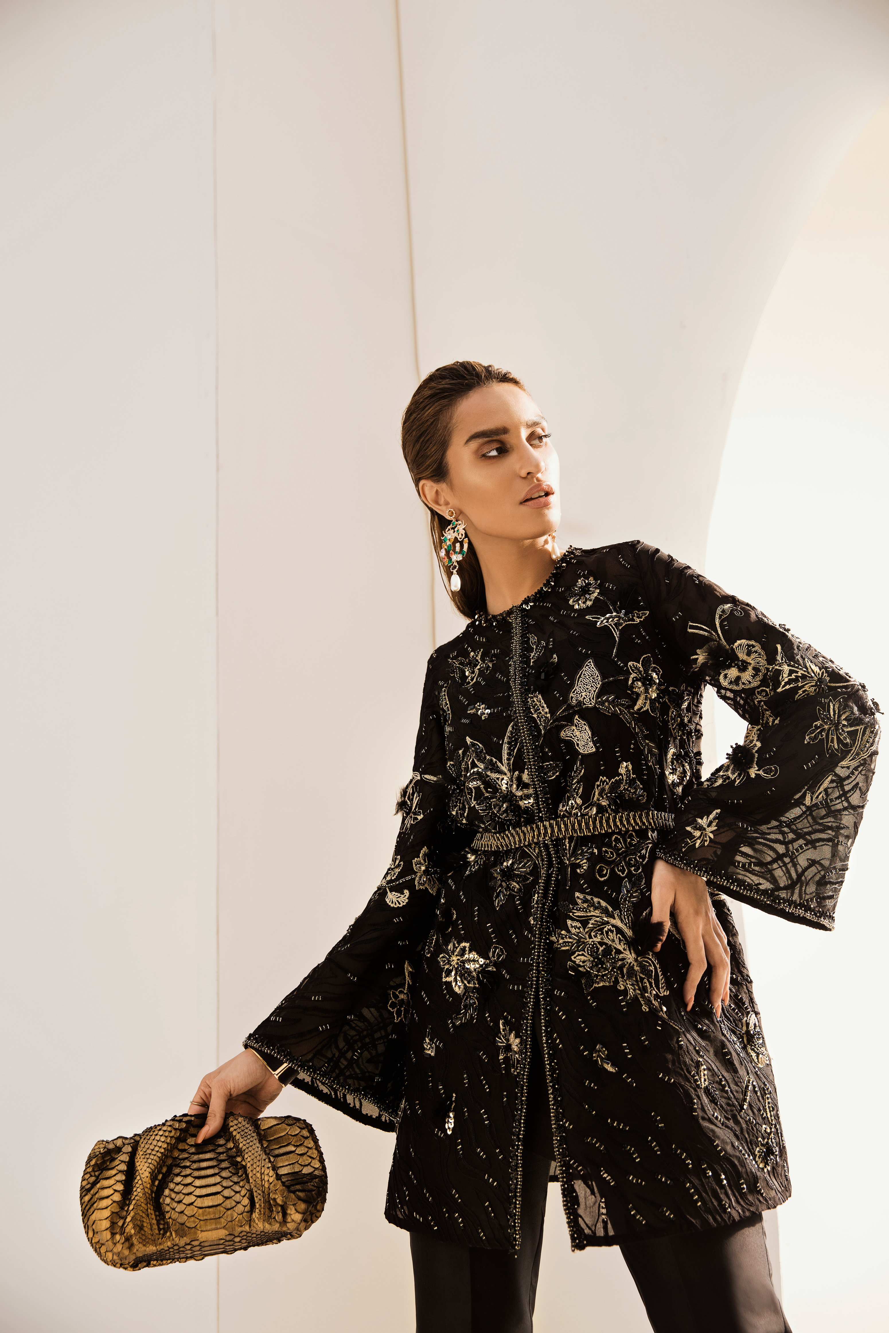 Black Hand-Embellished Organza Top with Silk Pants (2-Piece) - Image 5