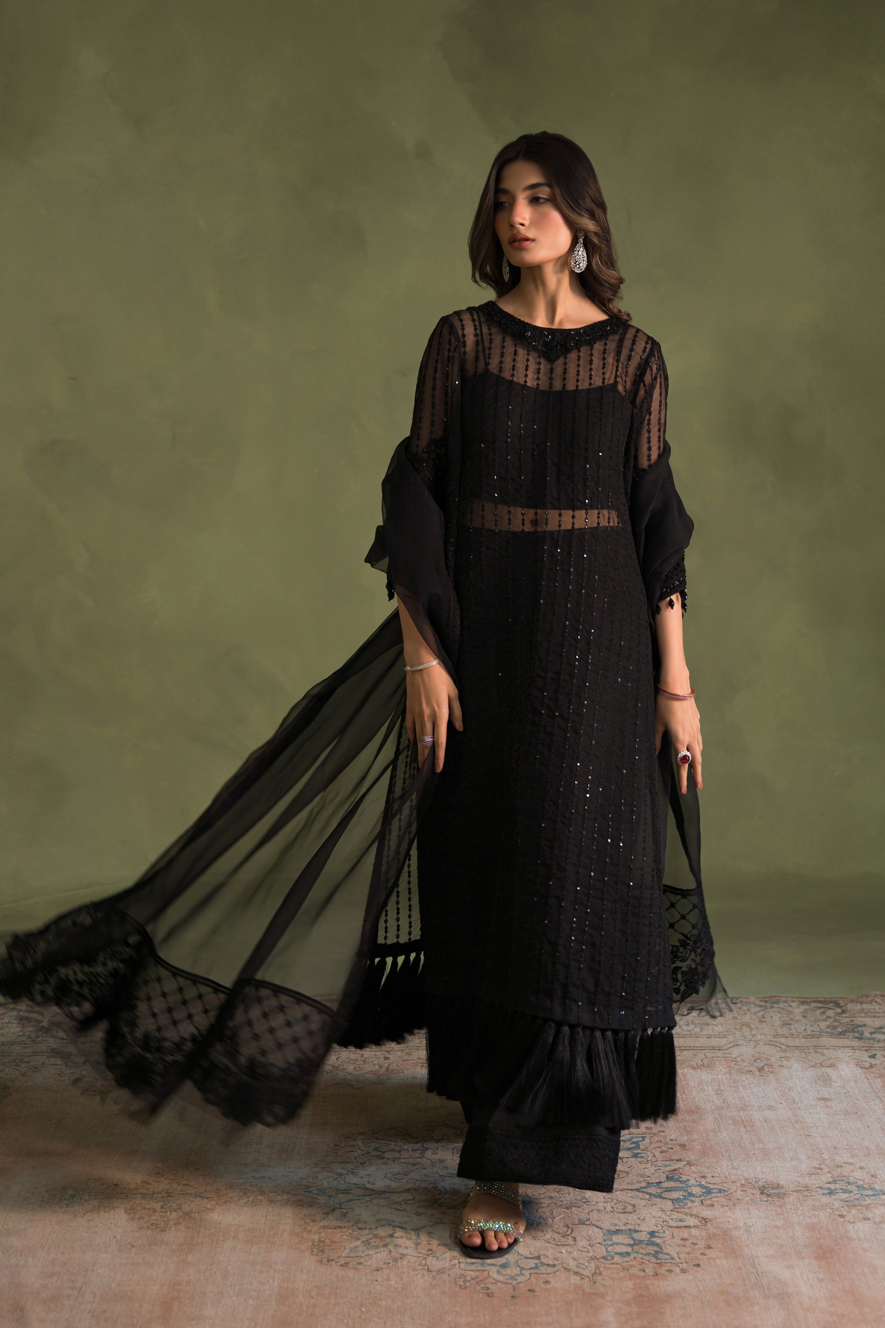 Pakistani Black Sequin Embroidered Organza & Silk Salwar Kameez (4-Piece) - Image 1