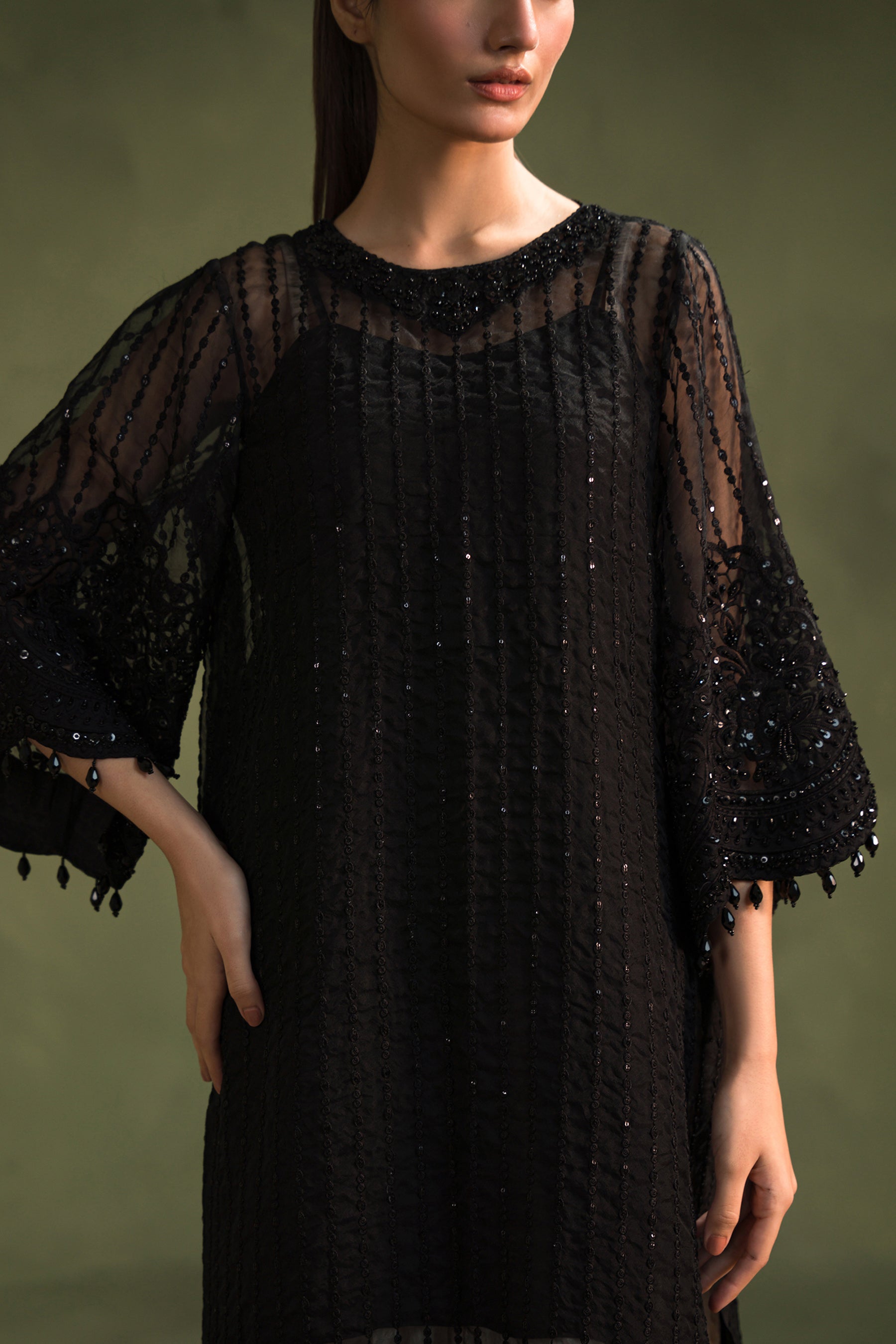 Pakistani Black Sequin Embroidered Organza & Silk Salwar Kameez (4-Piece) - Image 2