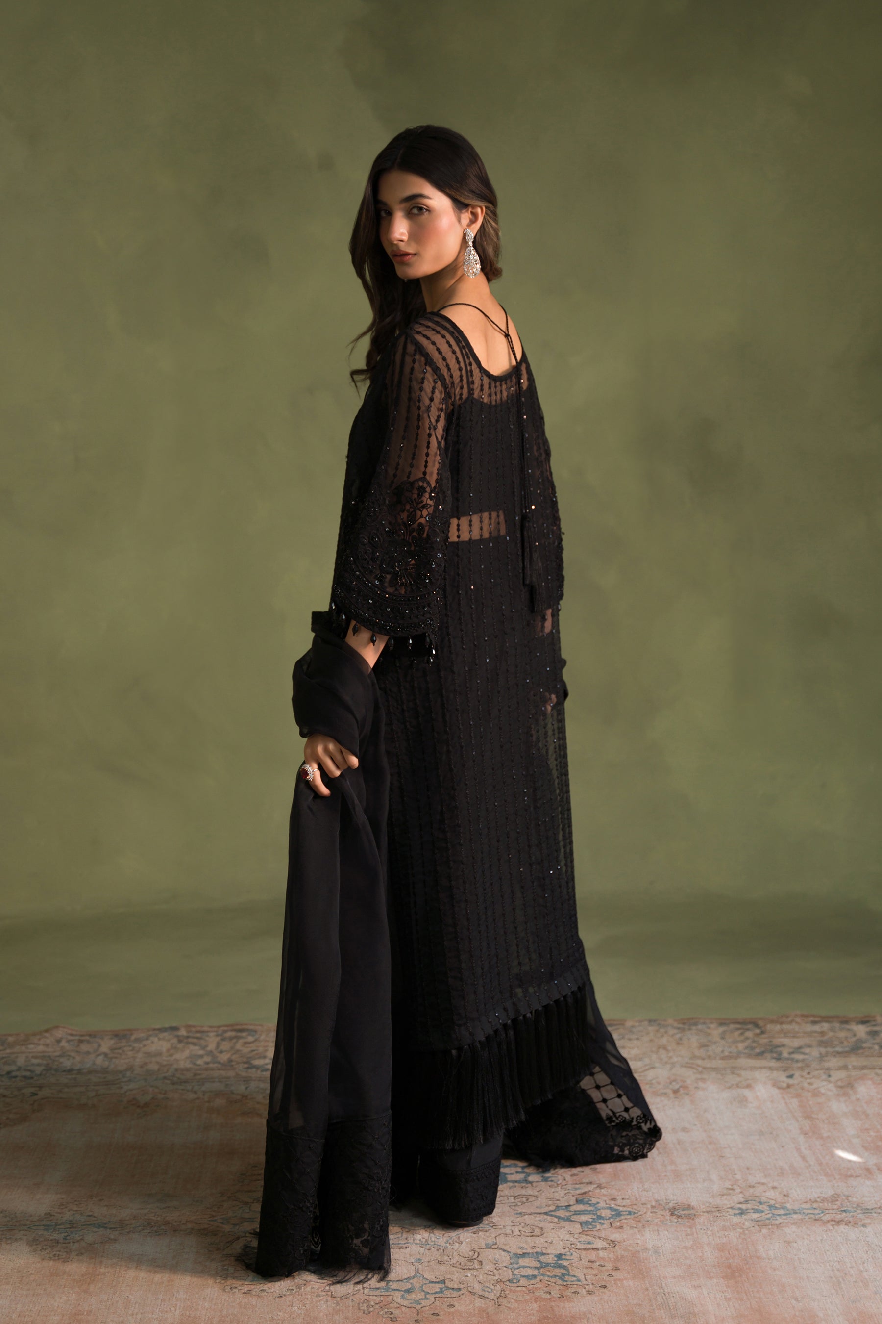 Pakistani Black Sequin Embroidered Organza & Silk Salwar Kameez (4-Piece) - Image 3