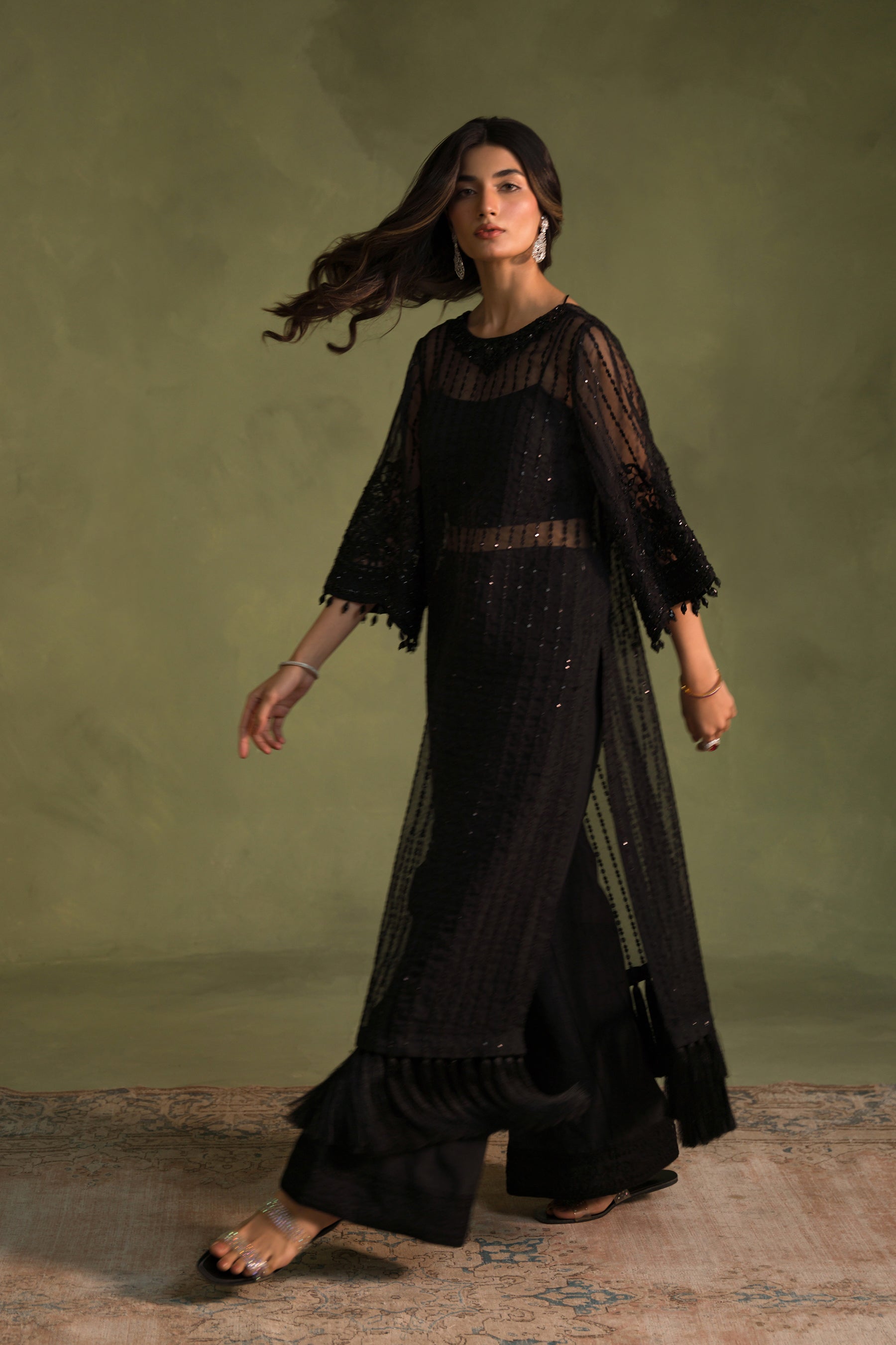 Pakistani Black Sequin Embroidered Organza & Silk Salwar Kameez (4-Piece) - Image 4