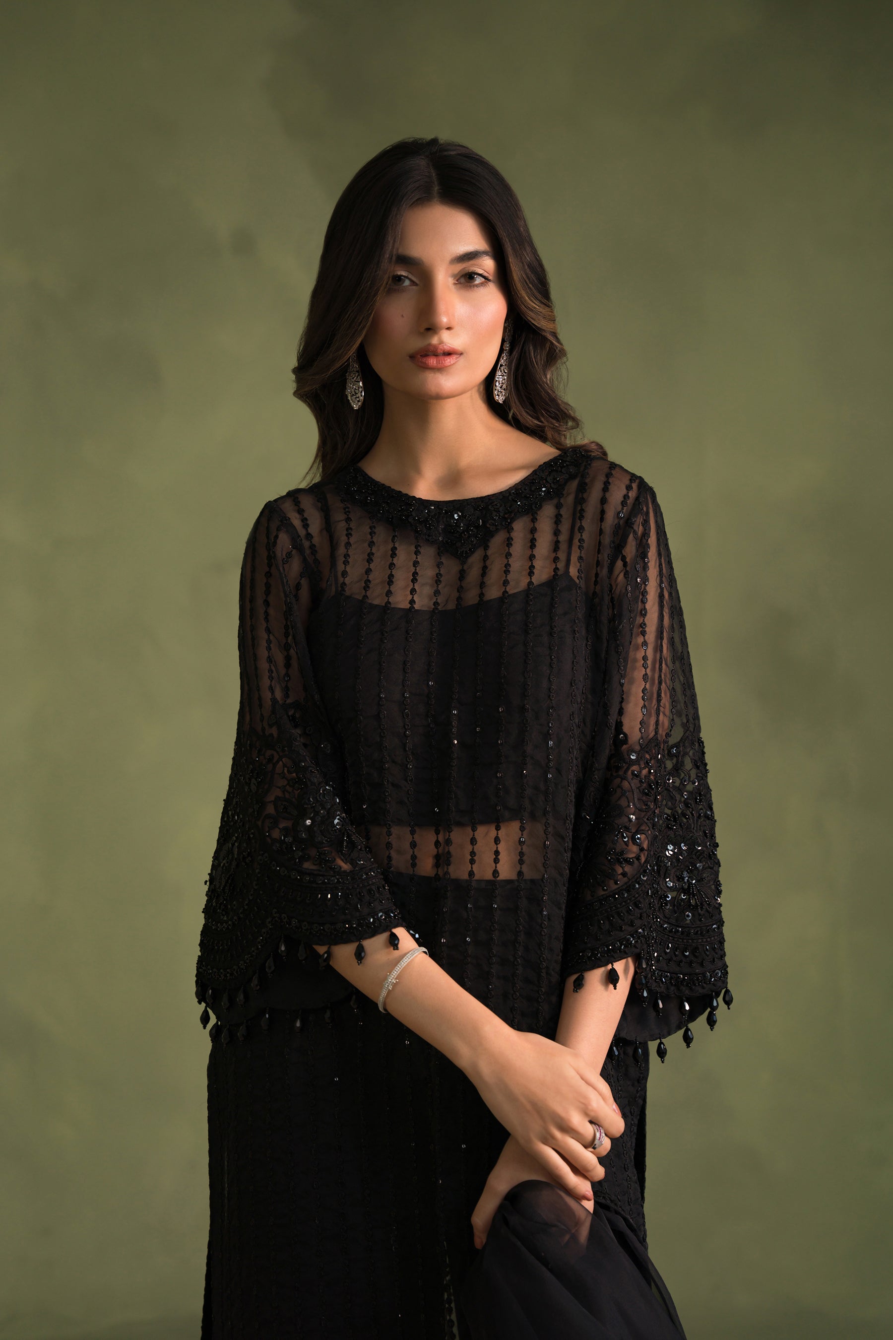 Pakistani Black Sequin Embroidered Organza & Silk Salwar Kameez (4-Piece) - Image 5