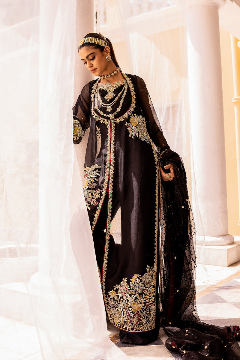 Pakistani Black Hand Embroidered Organza & Silk Jacket (3-Piece) - Image 2
