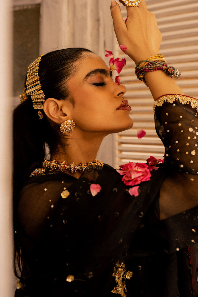 Pakistani Black Hand Embroidered Organza & Silk Jacket (3-Piece) - Image 3