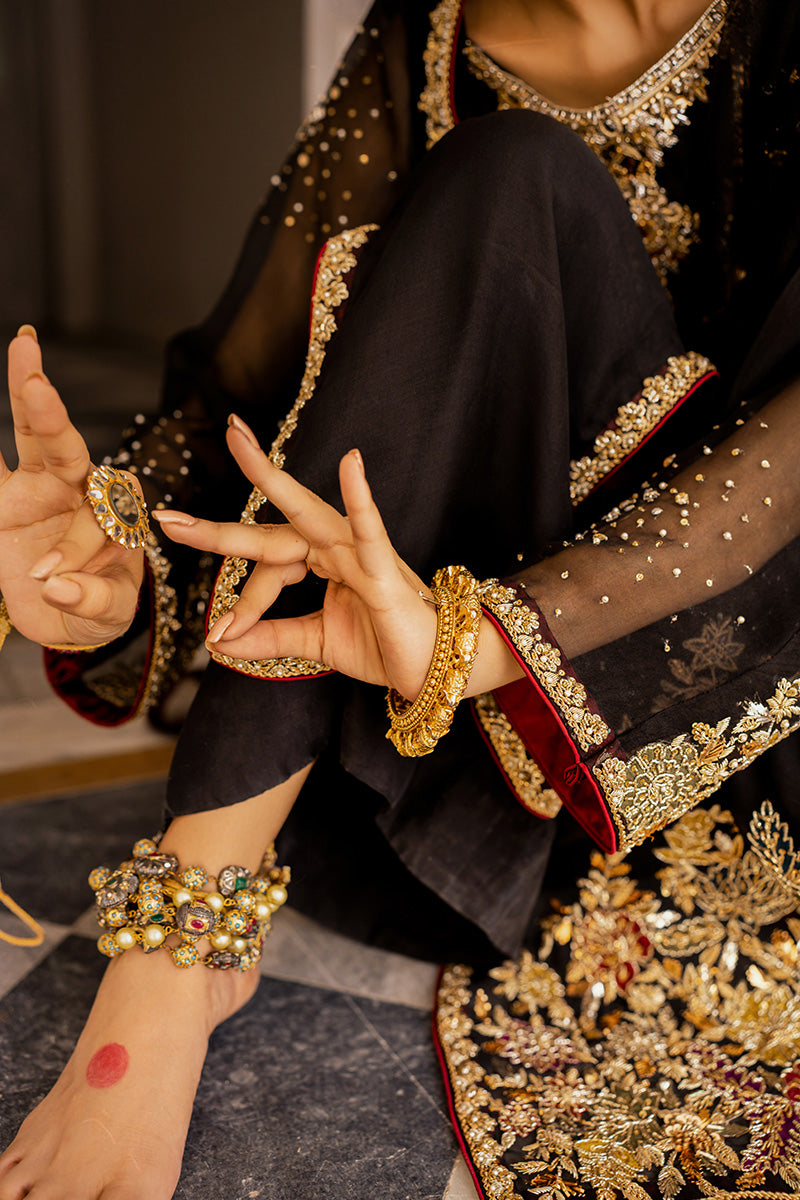 Pakistani Black Hand Embroidered Organza & Silk Jacket (3-Piece) - Image 4