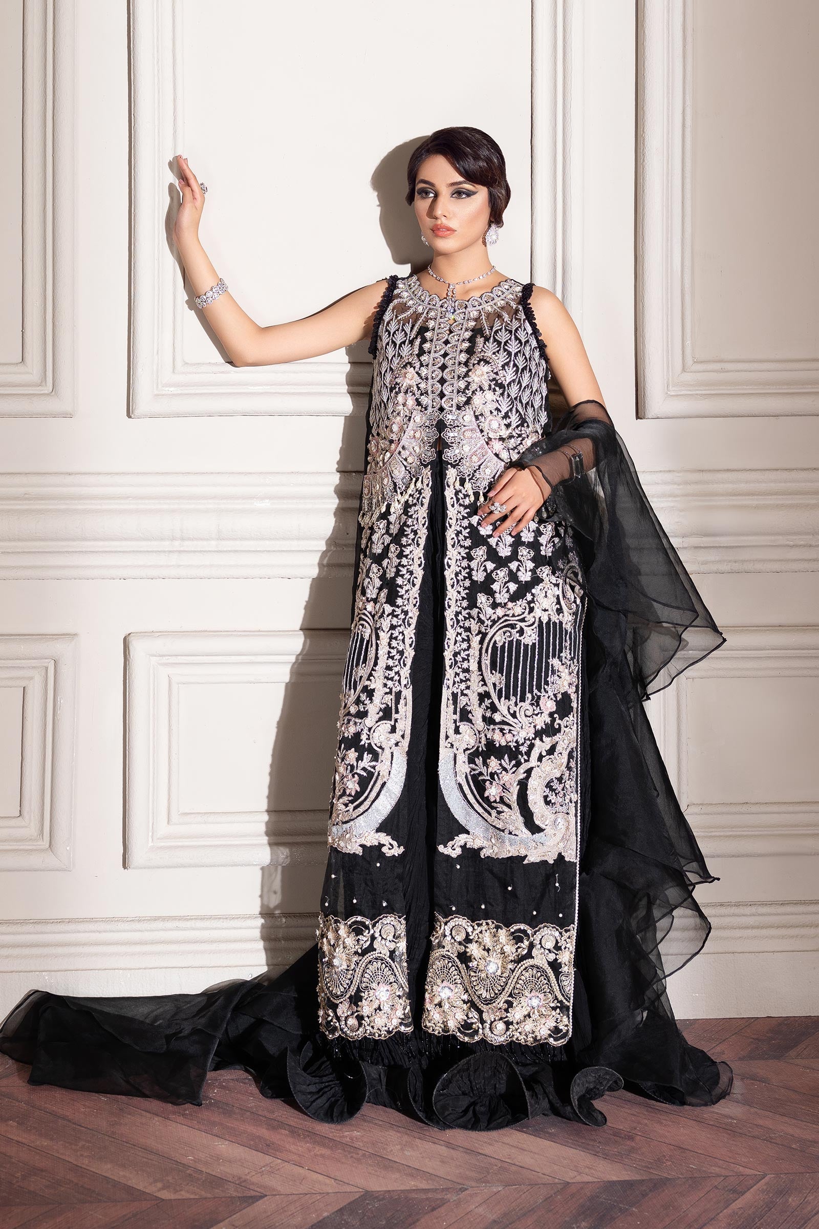 Black Embellished Organza & Silk Salwar Kameez (4-Piece) - Image 1