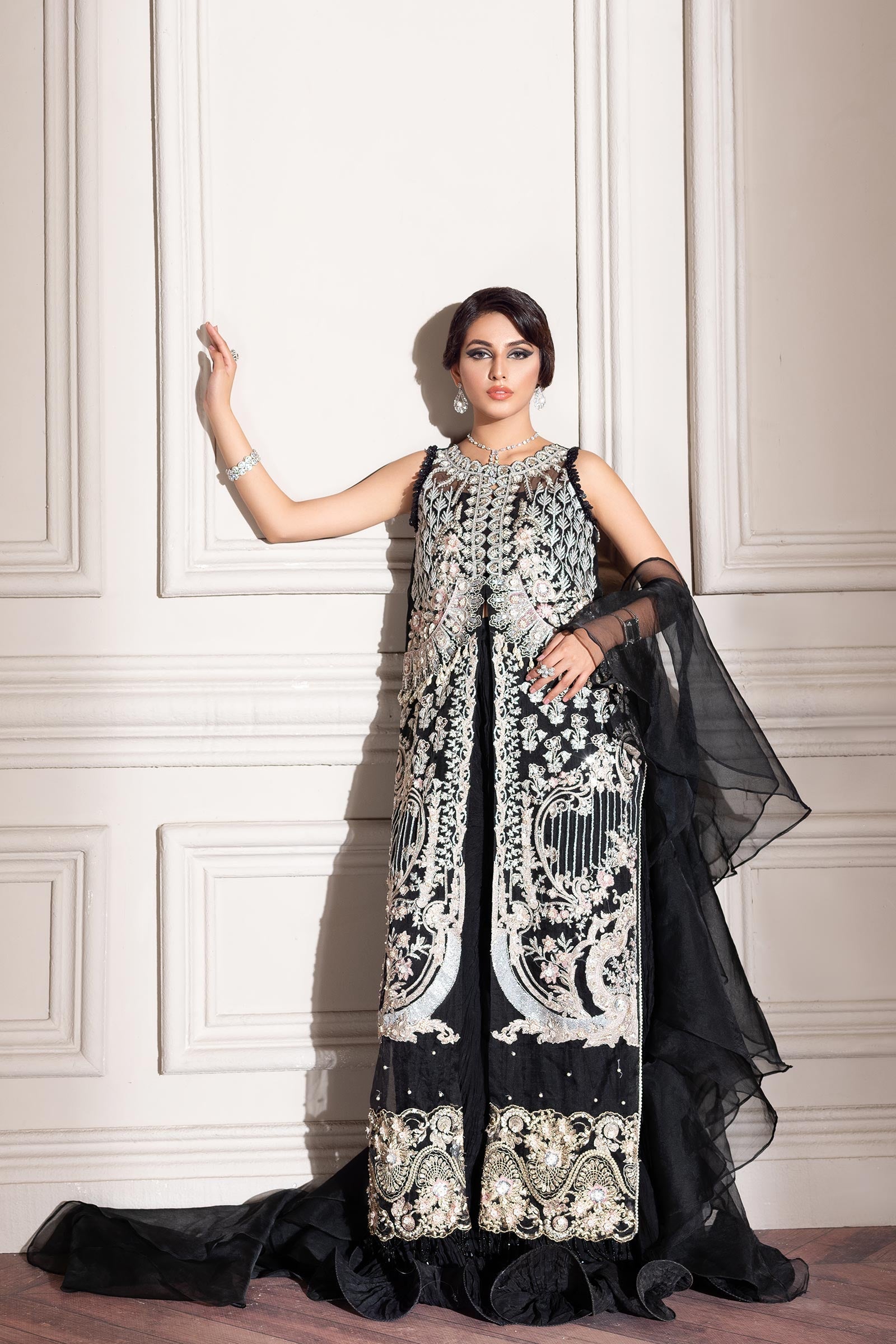 Black Embellished Organza & Silk Salwar Kameez (4-Piece) - Image 2