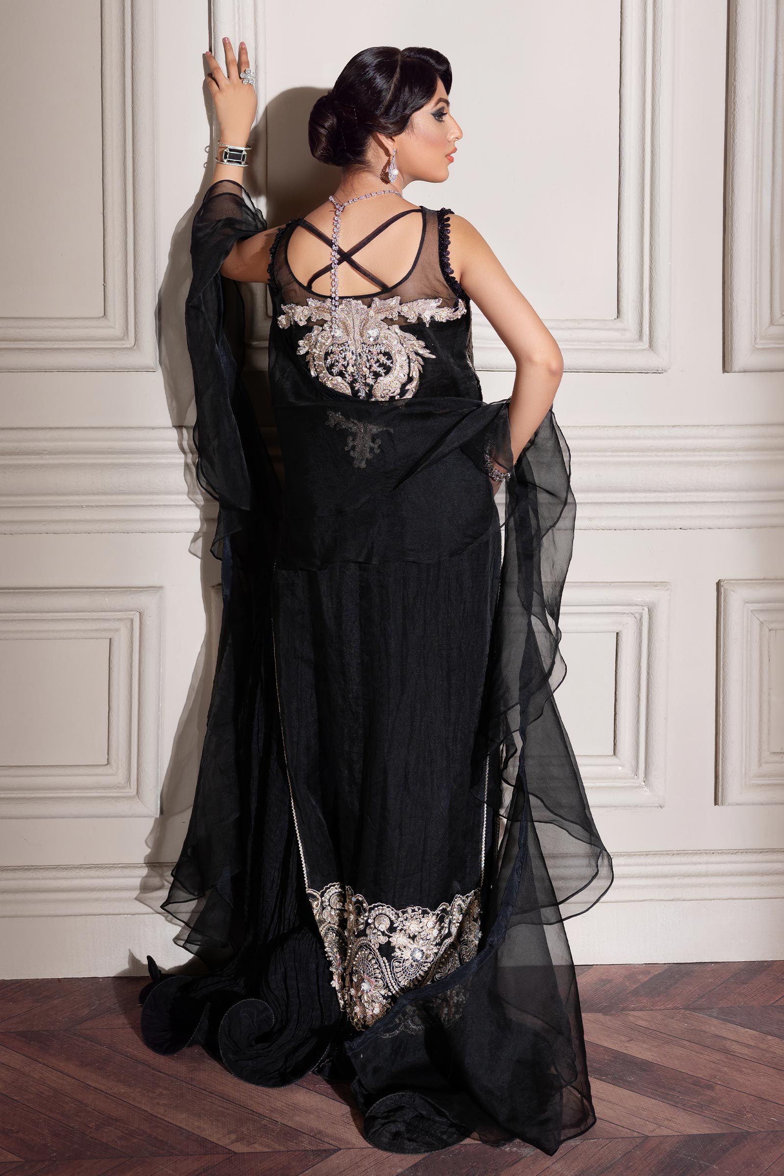 Black Embellished Organza & Silk Salwar Kameez (4-Piece) - Image 3