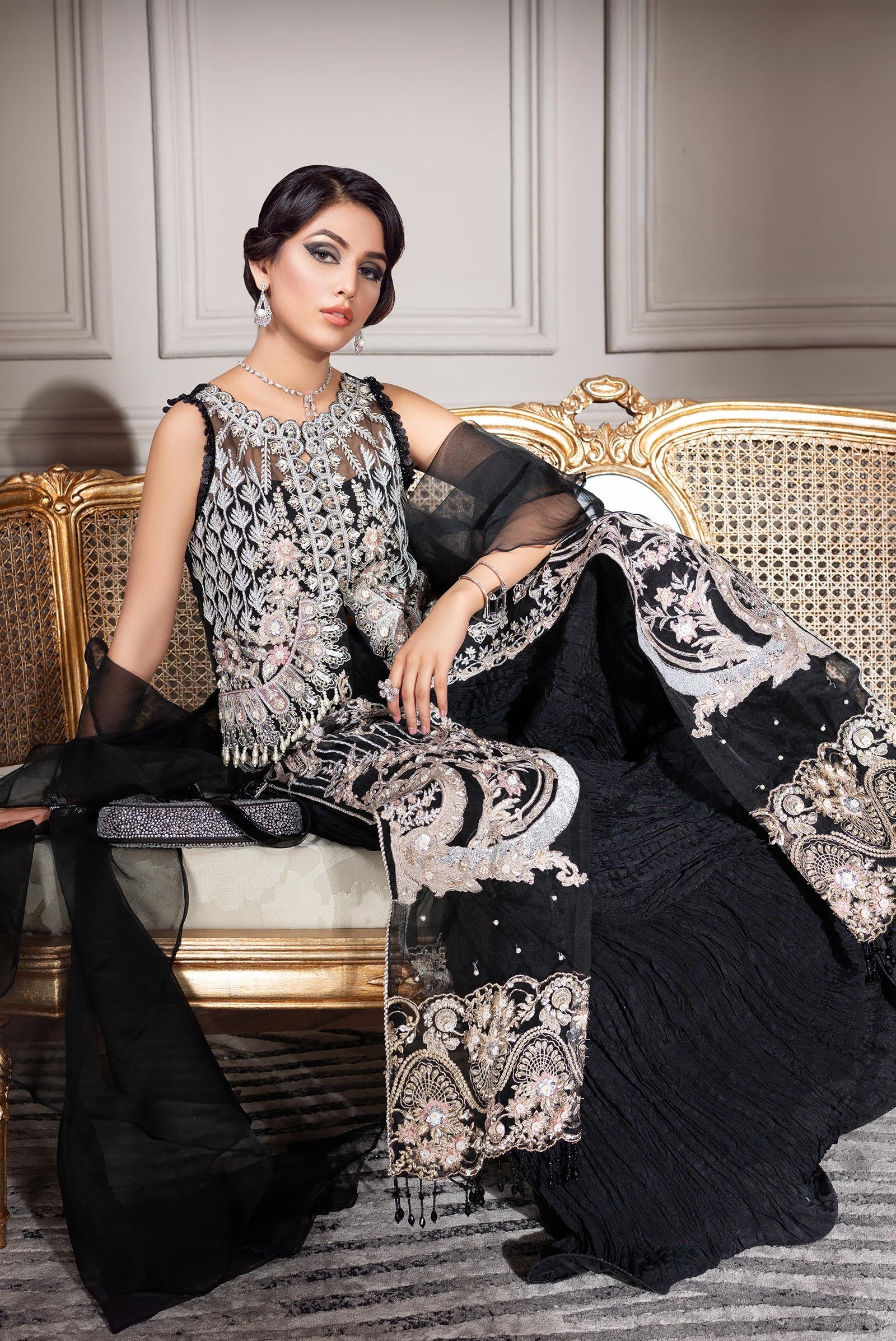 Black Embellished Organza & Silk Salwar Kameez (4-Piece) - Image 4