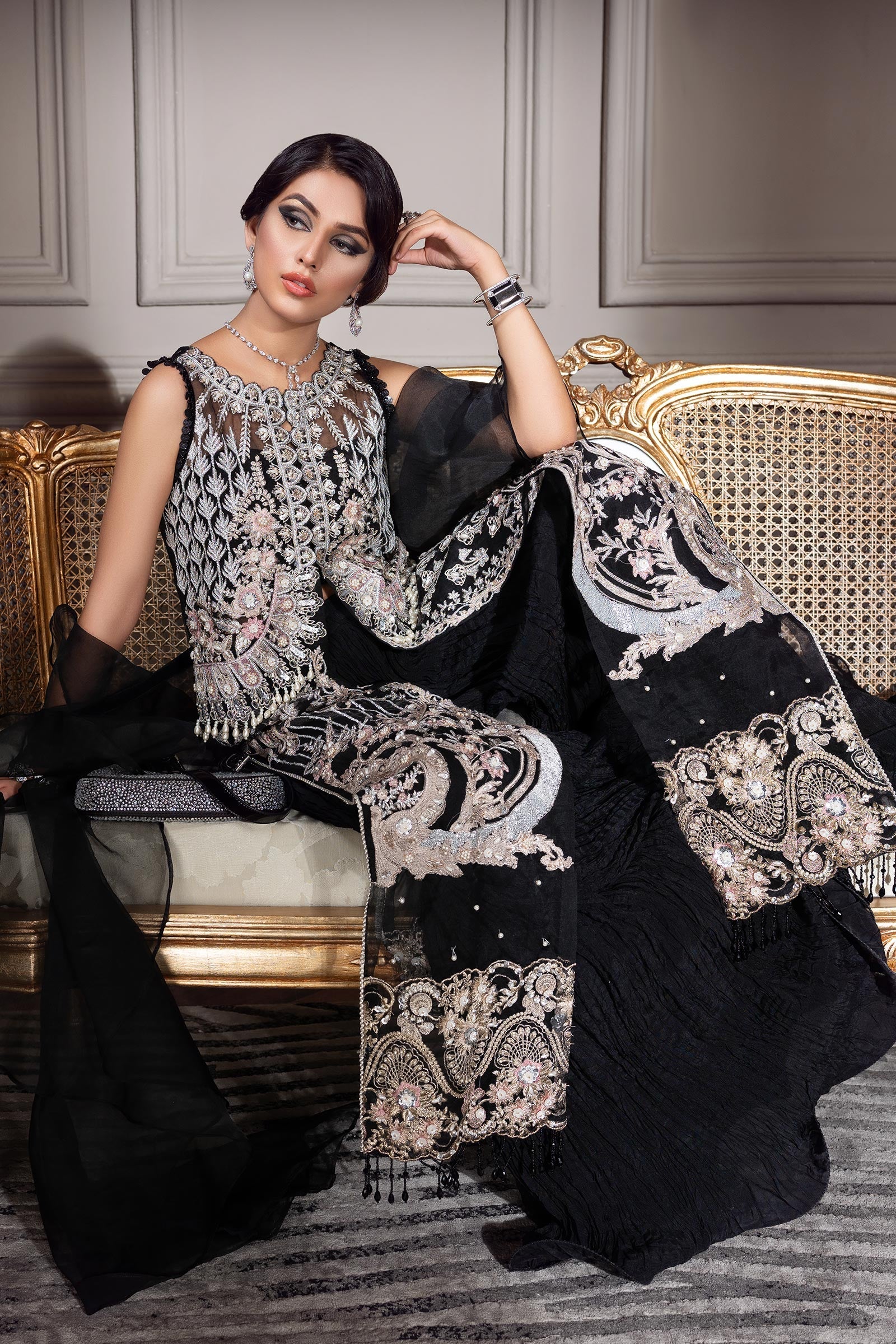 Black Embellished Organza & Silk Salwar Kameez (4-Piece) - Image 5