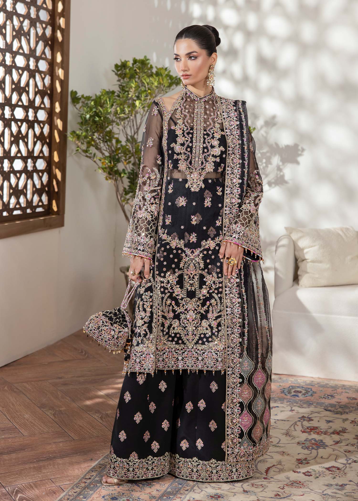 Black Embroidered Organza Salwar Kameez (3-Piece) - Image 1