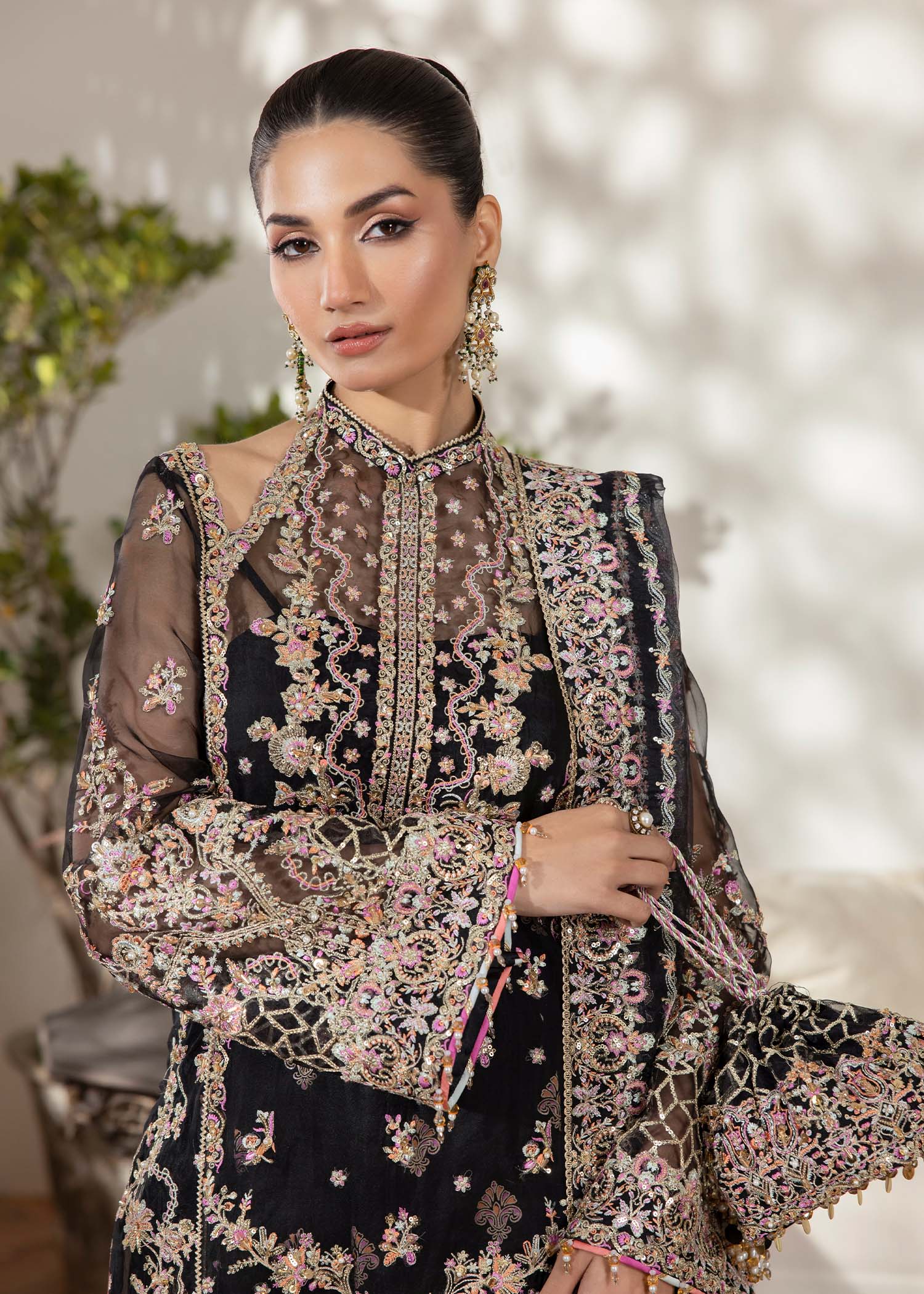 Black Embroidered Organza Salwar Kameez (3-Piece) - Image 2