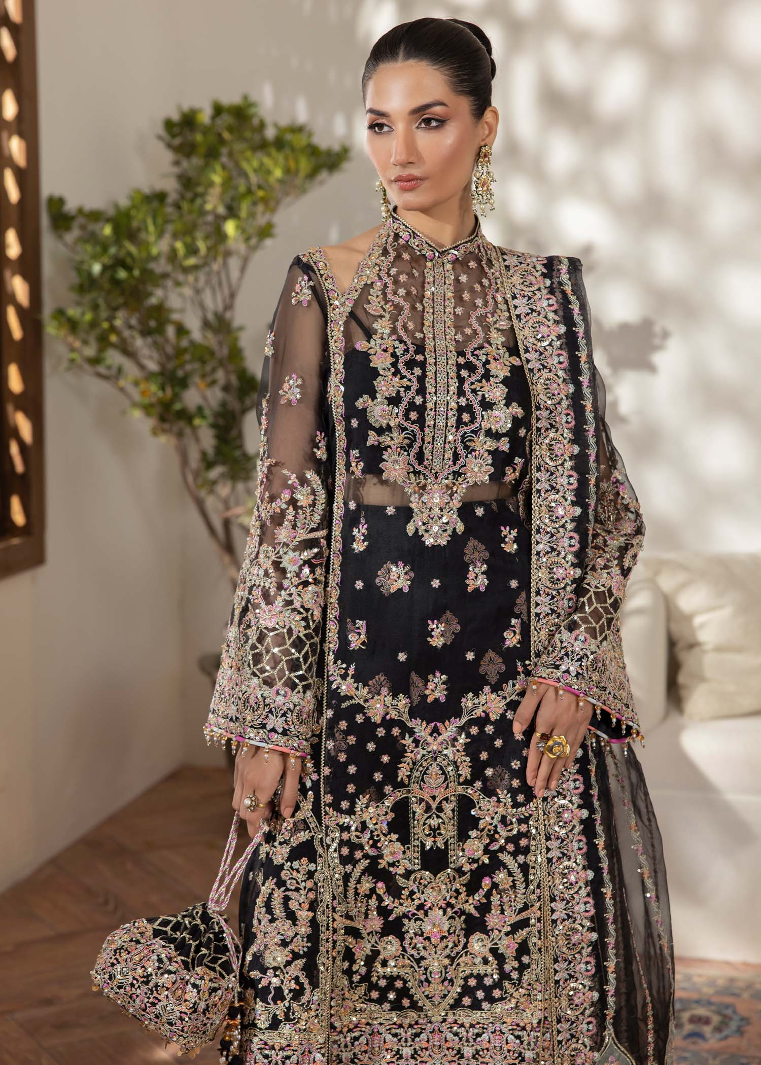 Black Embroidered Organza Salwar Kameez (3-Piece) - Image 3