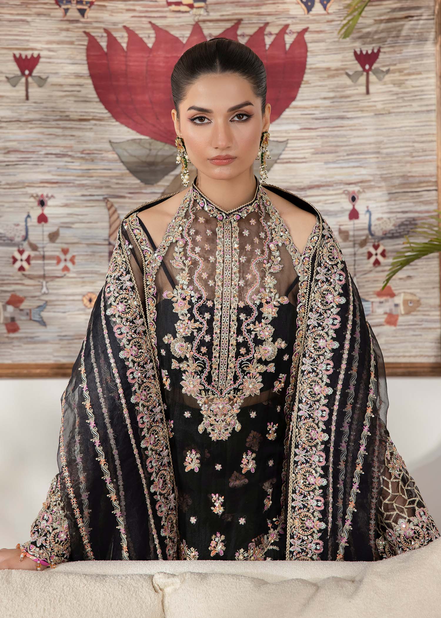 Black Embroidered Organza Salwar Kameez (3-Piece) - Image 5