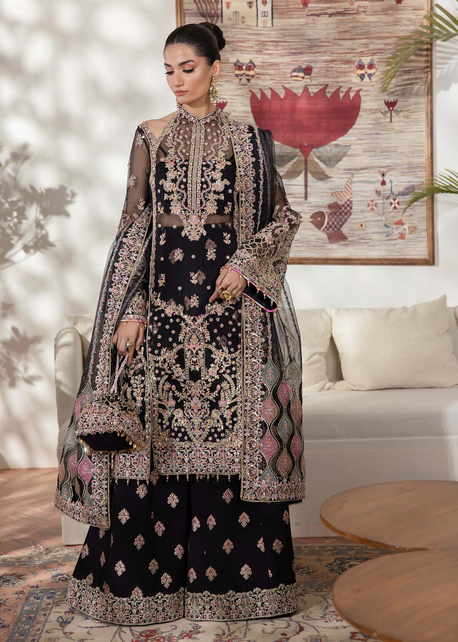 Black Embroidered Organza Salwar Kameez (3-Piece) - Image 7