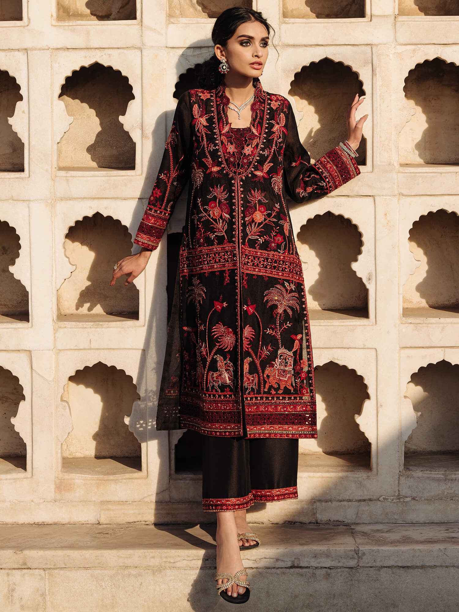 Pakistani Black Resham Zardozi Organza Jacket Set (3-Piece) - Image 1