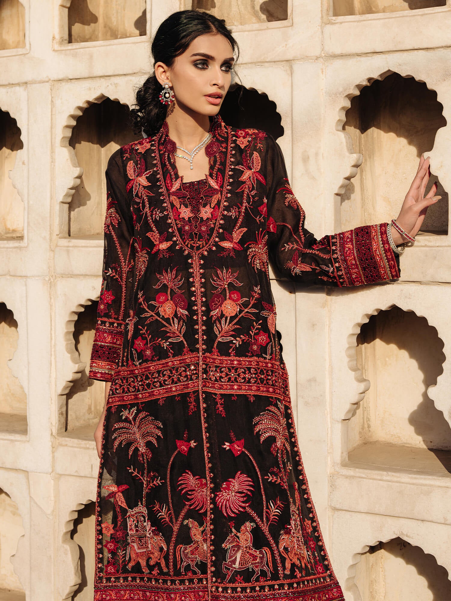 Pakistani Black Resham Zardozi Organza Jacket Set (3-Piece) - Image 2