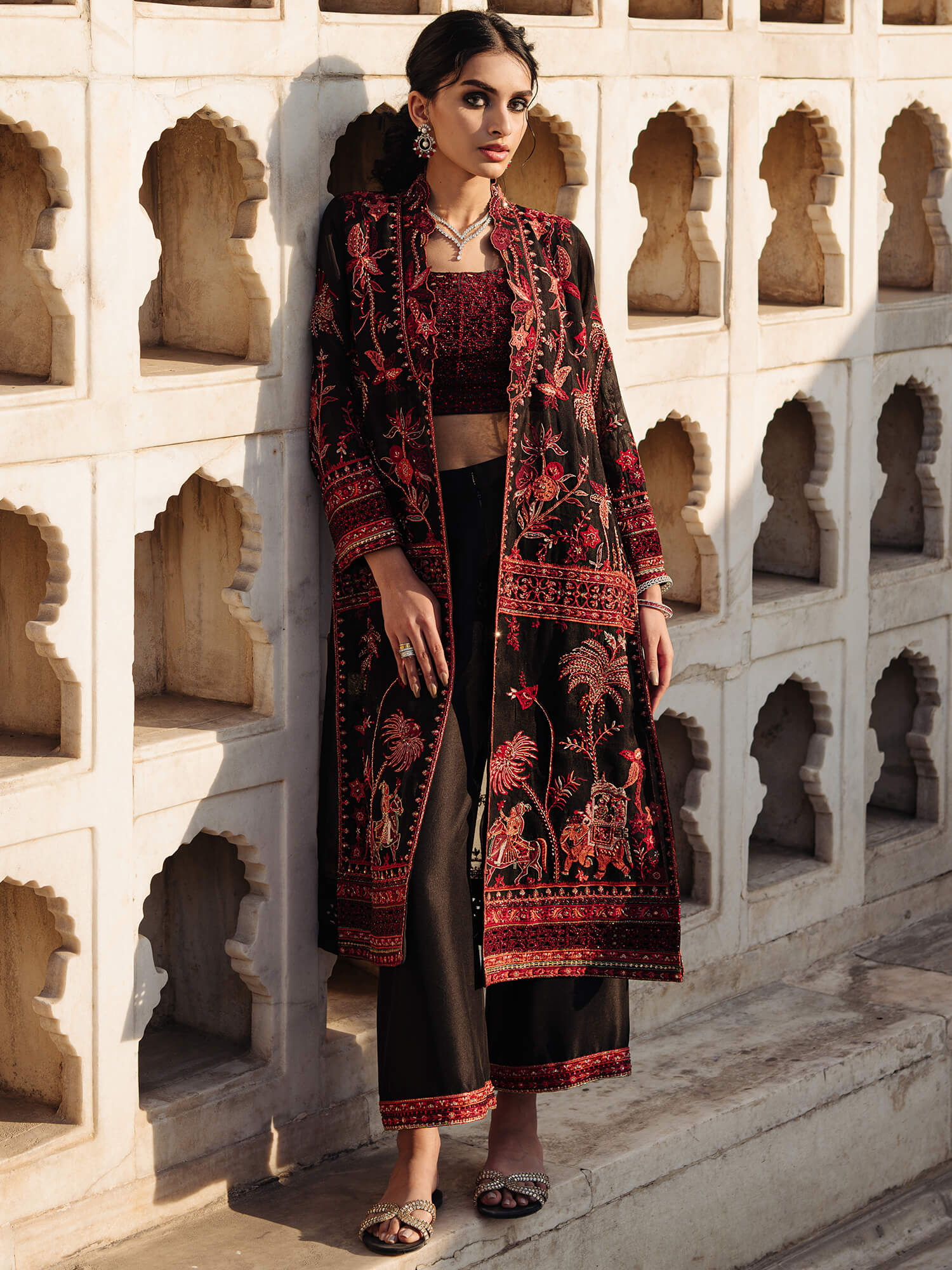 Pakistani Black Resham Zardozi Organza Jacket Set (3-Piece) - Image 3