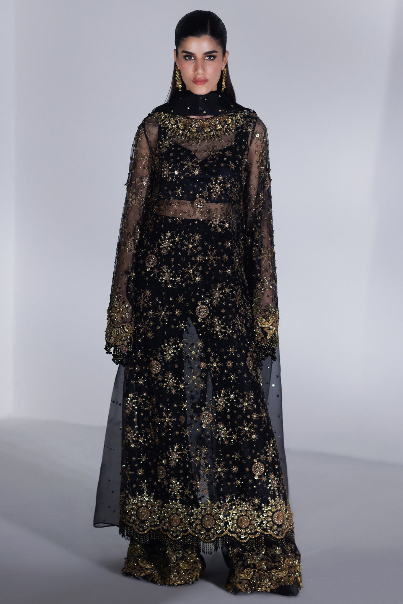 Pakistani Black Embellished Organza Bridal Salwar Kameez (3-Piece) - Image 6