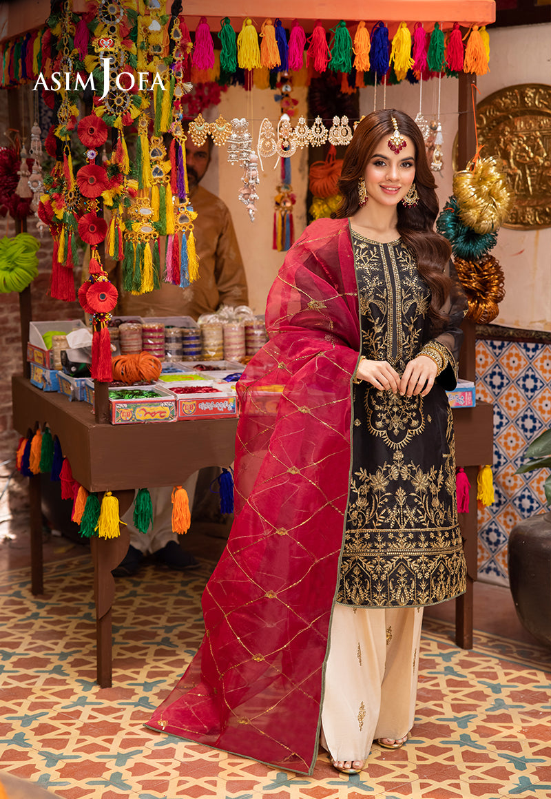 Pakistani Black Organza Embroidered 3-Piece Suit (Boski Silk) - Image 1