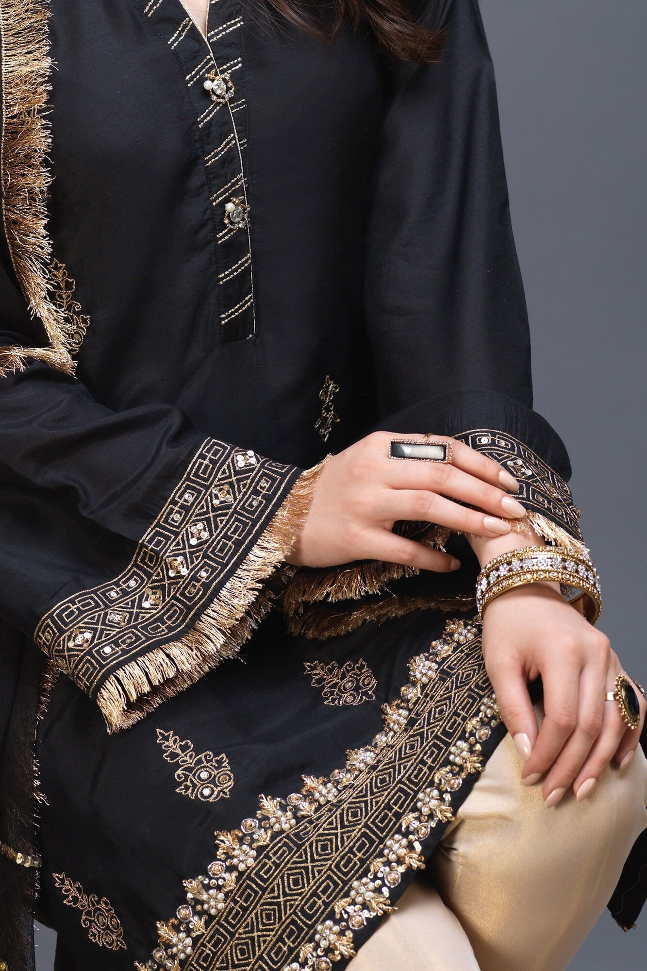 Black Aari & Dabka Embroidered PK Raw Silk Salwar Kameez (3-Piece) - Image 1