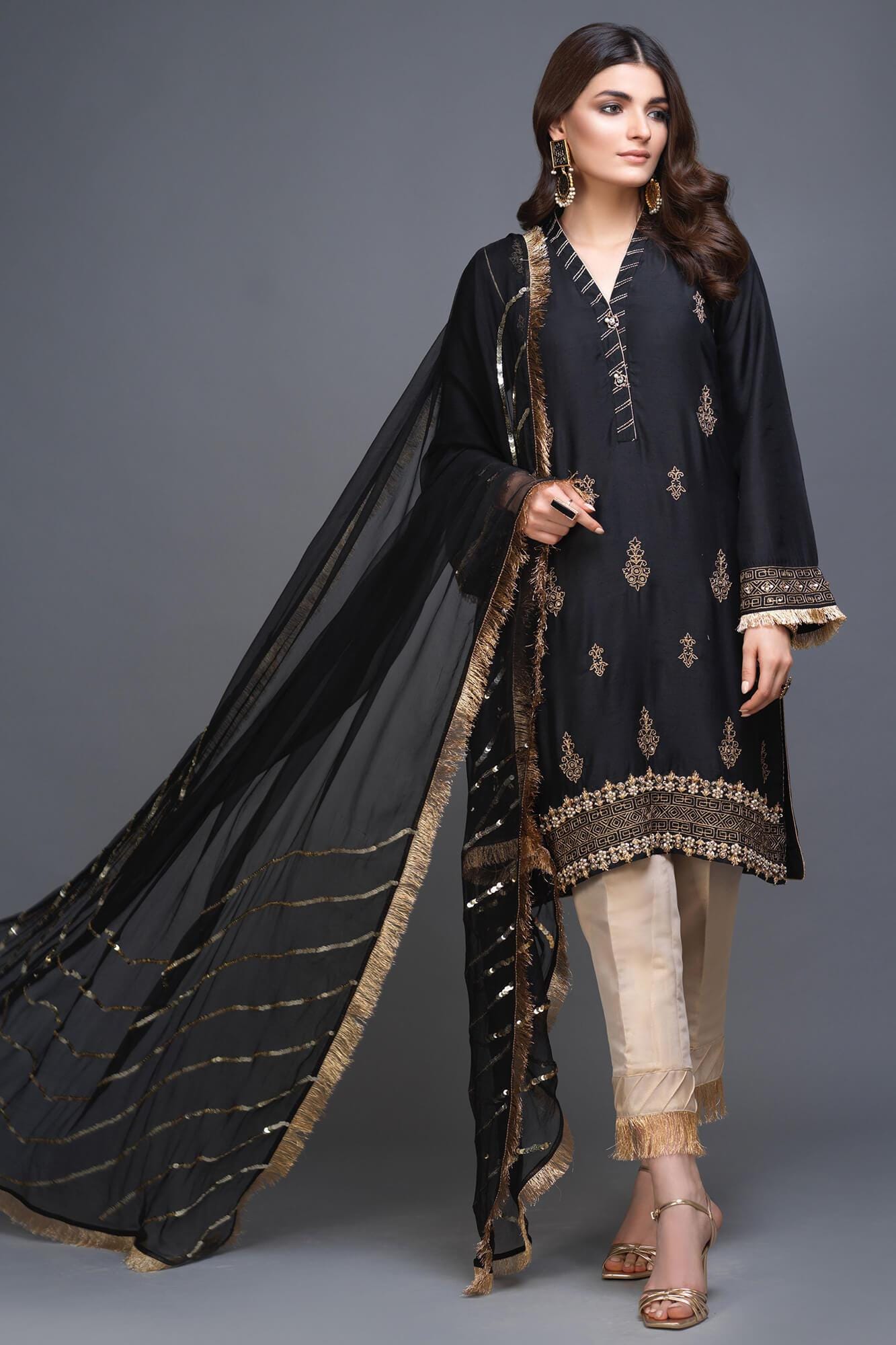 Black Aari & Dabka Embroidered PK Raw Silk Salwar Kameez (3-Piece) - Image 2