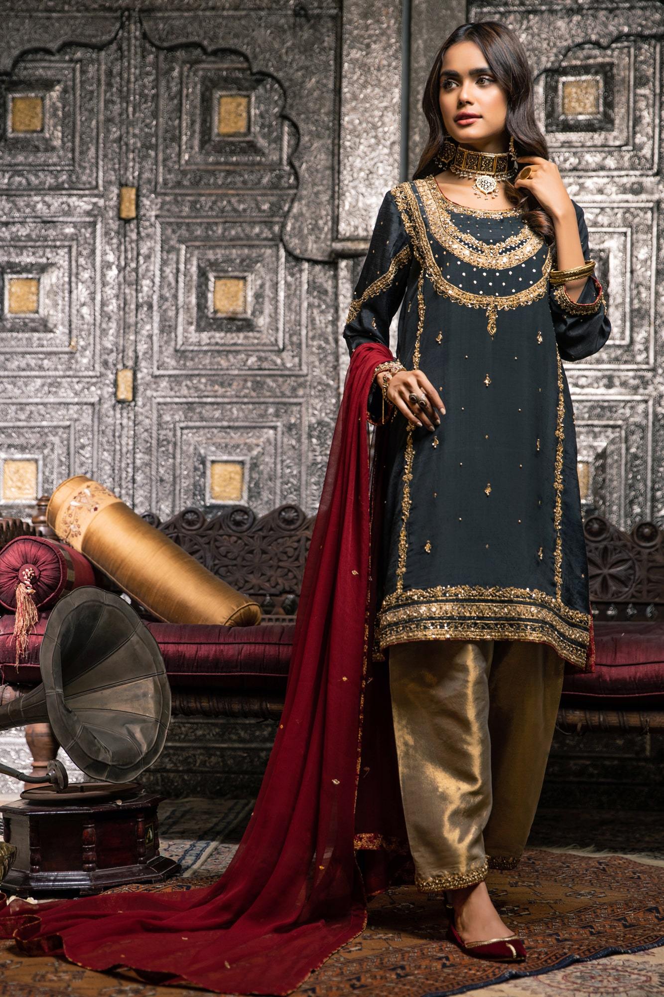 Pakistani Black Gota Zari PK Raw Silk A-Line Salwar Kameez (3-Piece) - Image 2