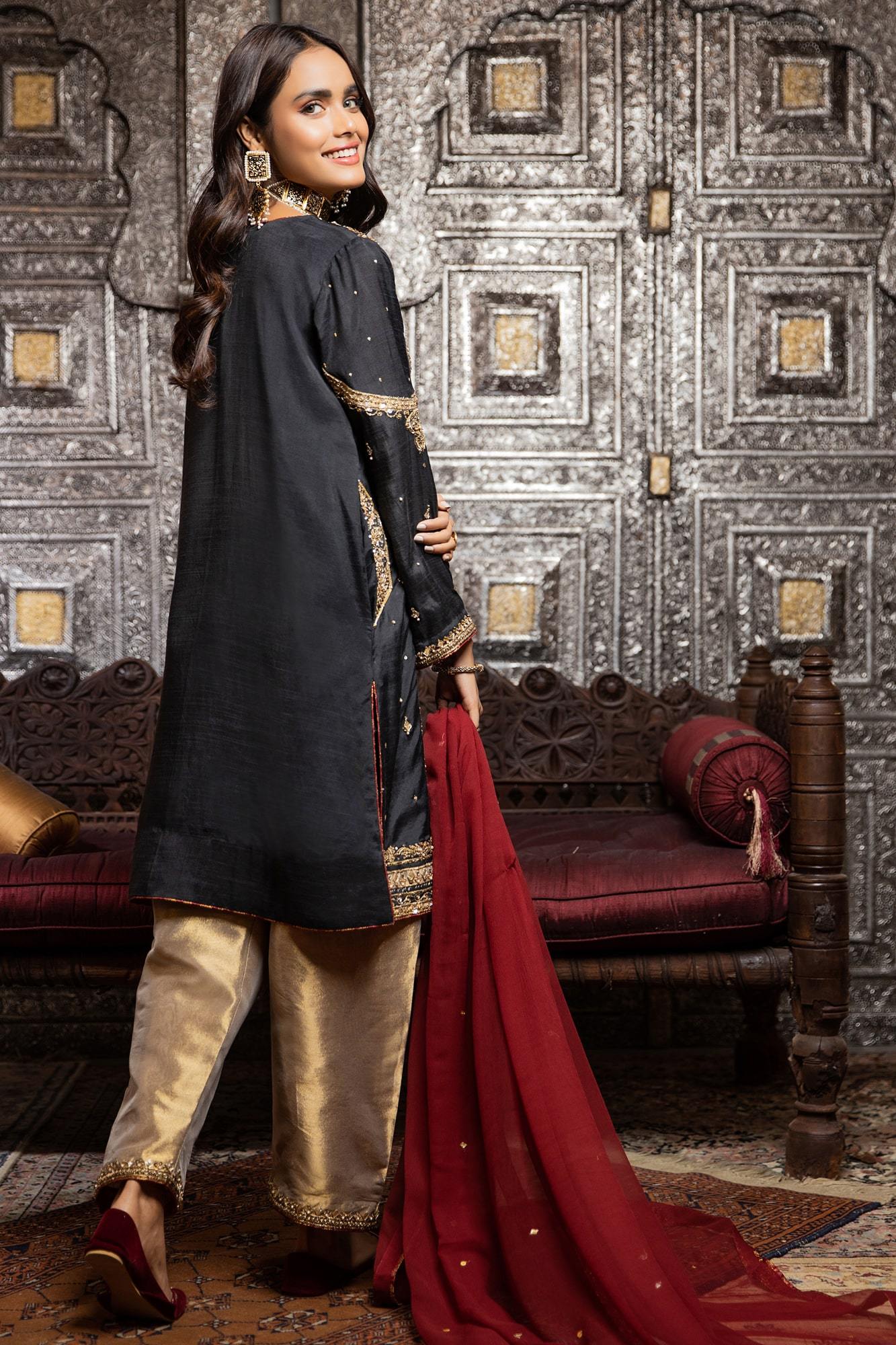 Pakistani Black Gota Zari PK Raw Silk A-Line Salwar Kameez (3-Piece) - Image 6