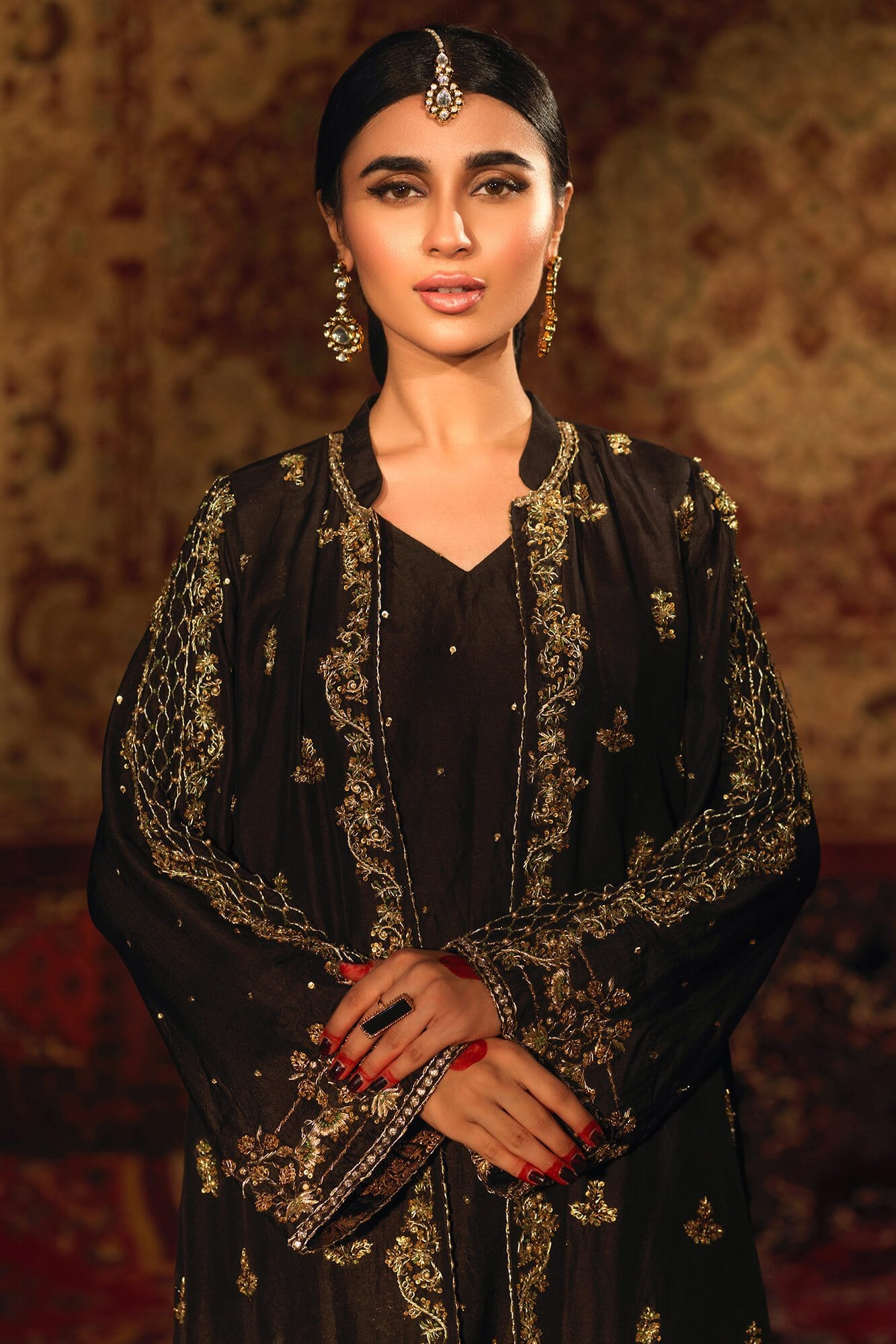 Pakistani Black Zardozi PK Raw Silk Front-Open Jacket (2-Piece) - Image 4