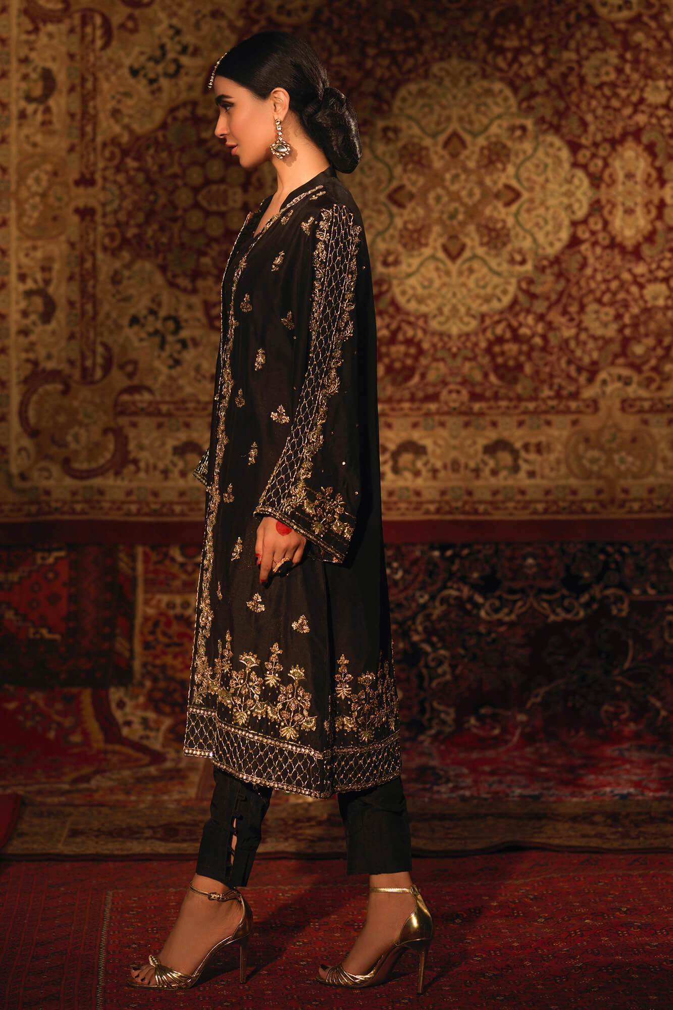 Pakistani Black Zardozi PK Raw Silk Front-Open Jacket (2-Piece) - Image 6