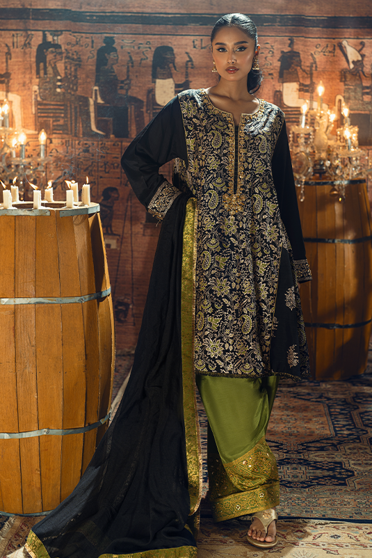 Black Embroidered PK Raw Silk Salwar Kameez (3-Piece) - Image 2