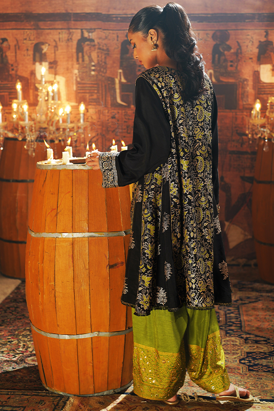 Black Embroidered PK Raw Silk Salwar Kameez (3-Piece) - Image 6