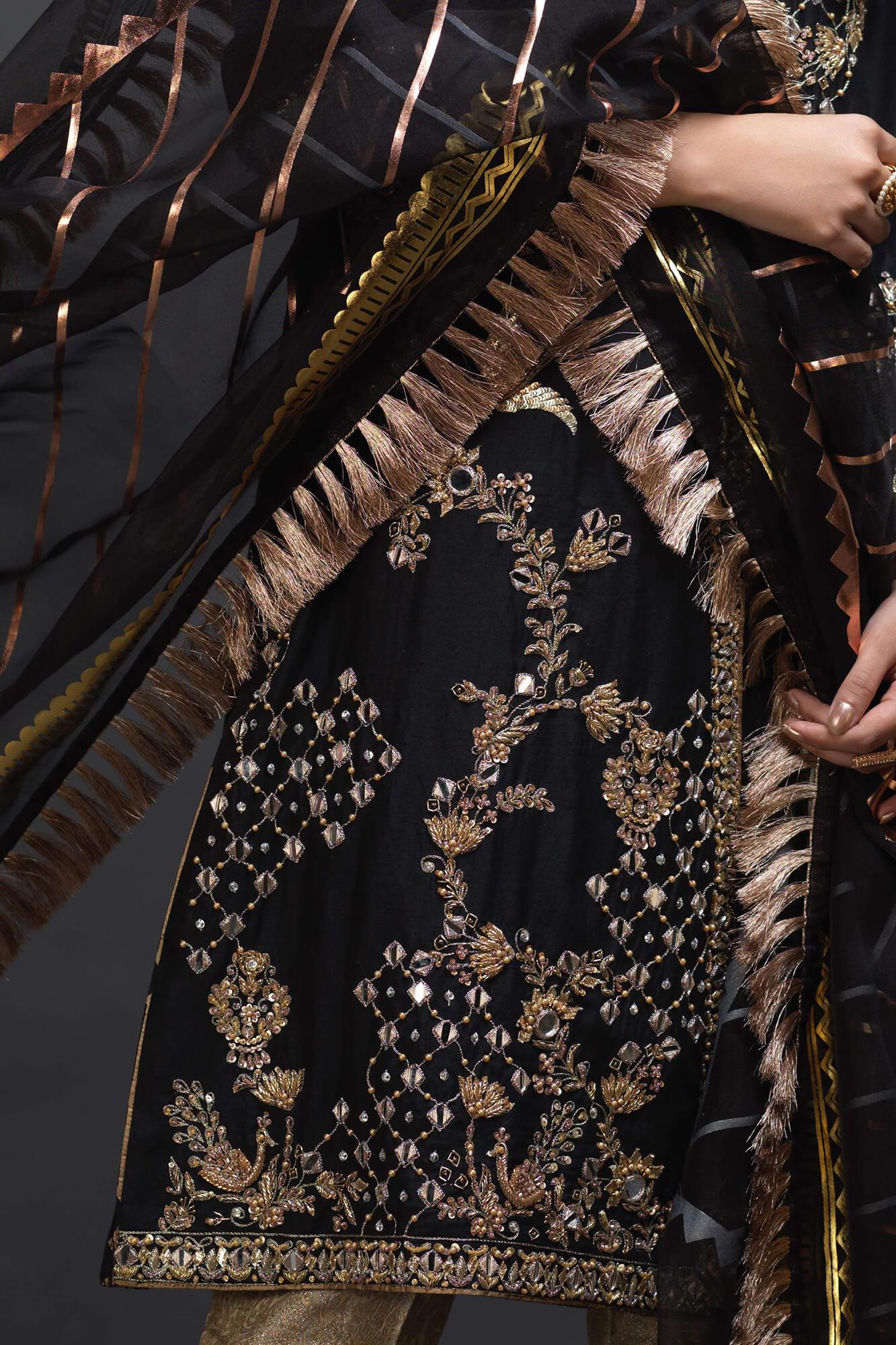 Pakistani Black Embroidered PK Raw Silk Salwar Kameez (3-Piece) - Image 1