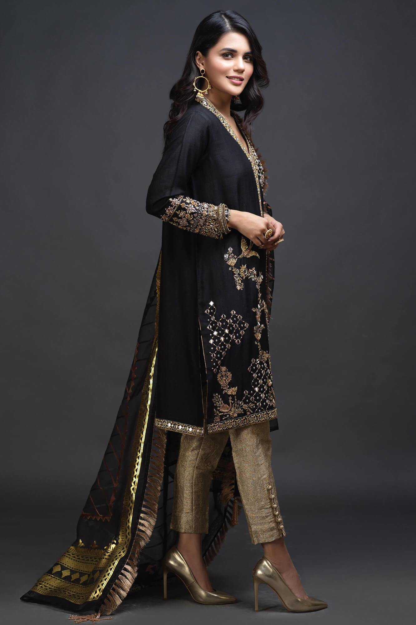 Pakistani Black Embroidered PK Raw Silk Salwar Kameez (3-Piece) - Image 4