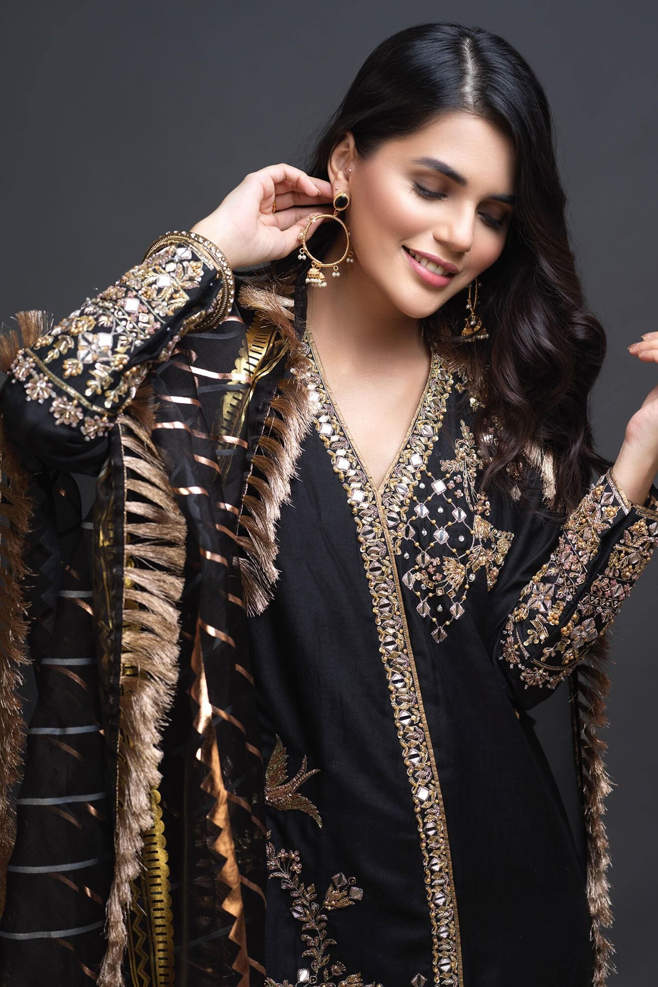 Pakistani Black Embroidered PK Raw Silk Salwar Kameez (3-Piece) - Image 5