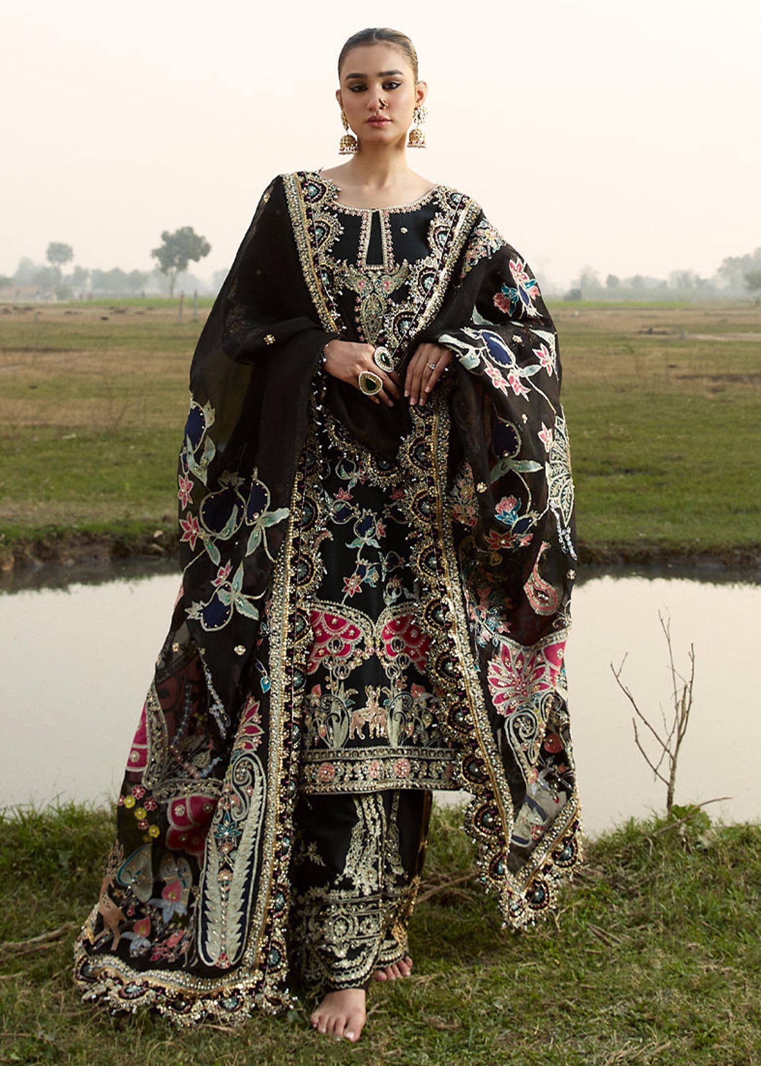 Pakistani Black Aari Embroidered Raw Silk Shalwar Kameez (3-Piece) - Image 1