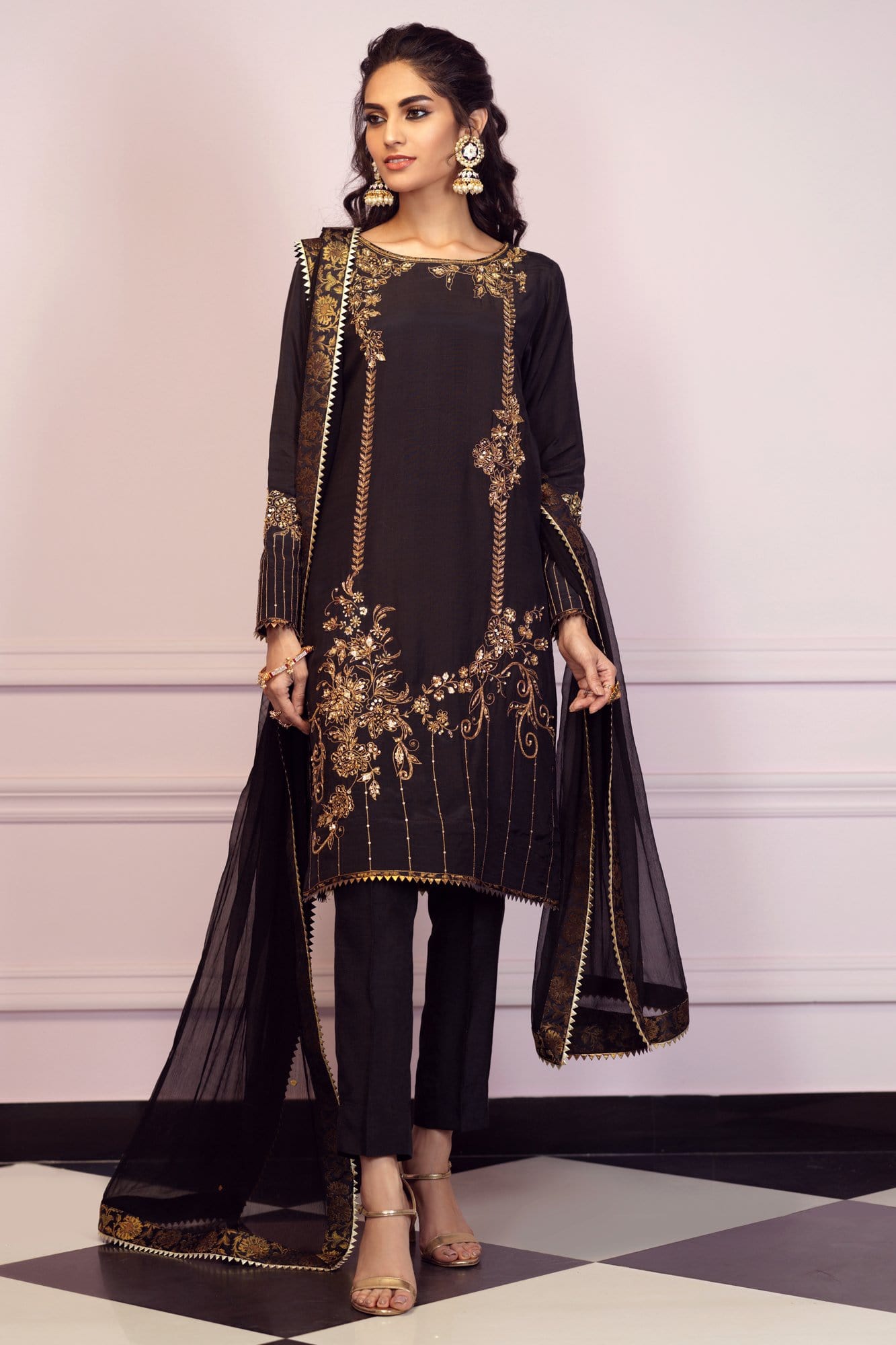 Black Aari Zardozi Raw Silk Salwar Kameez (3-Piece) - Image 2