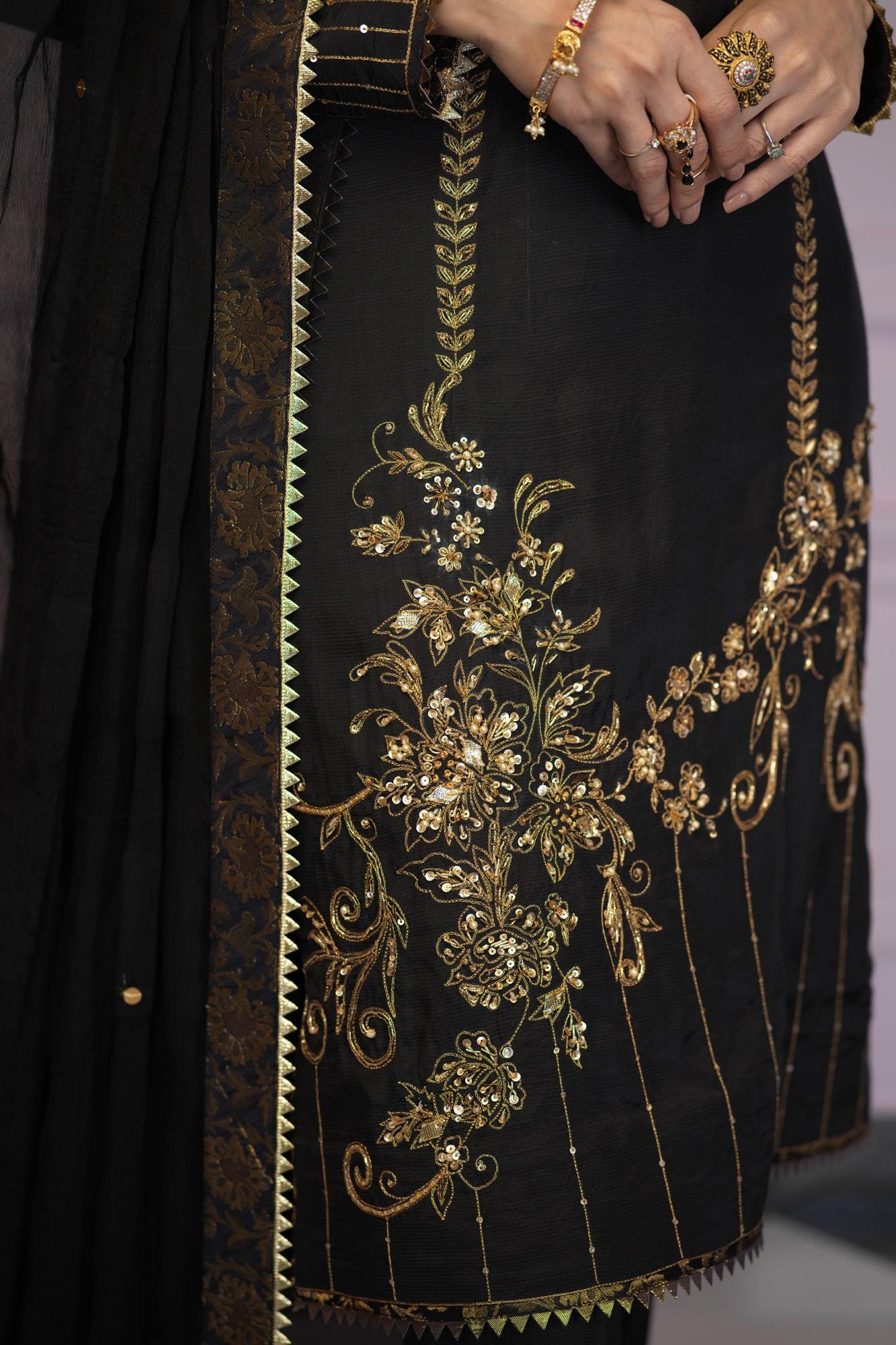 Pakistani Black Aari Zardozi Raw Silk Salwar Kameez (3-Piece) - Image 1
